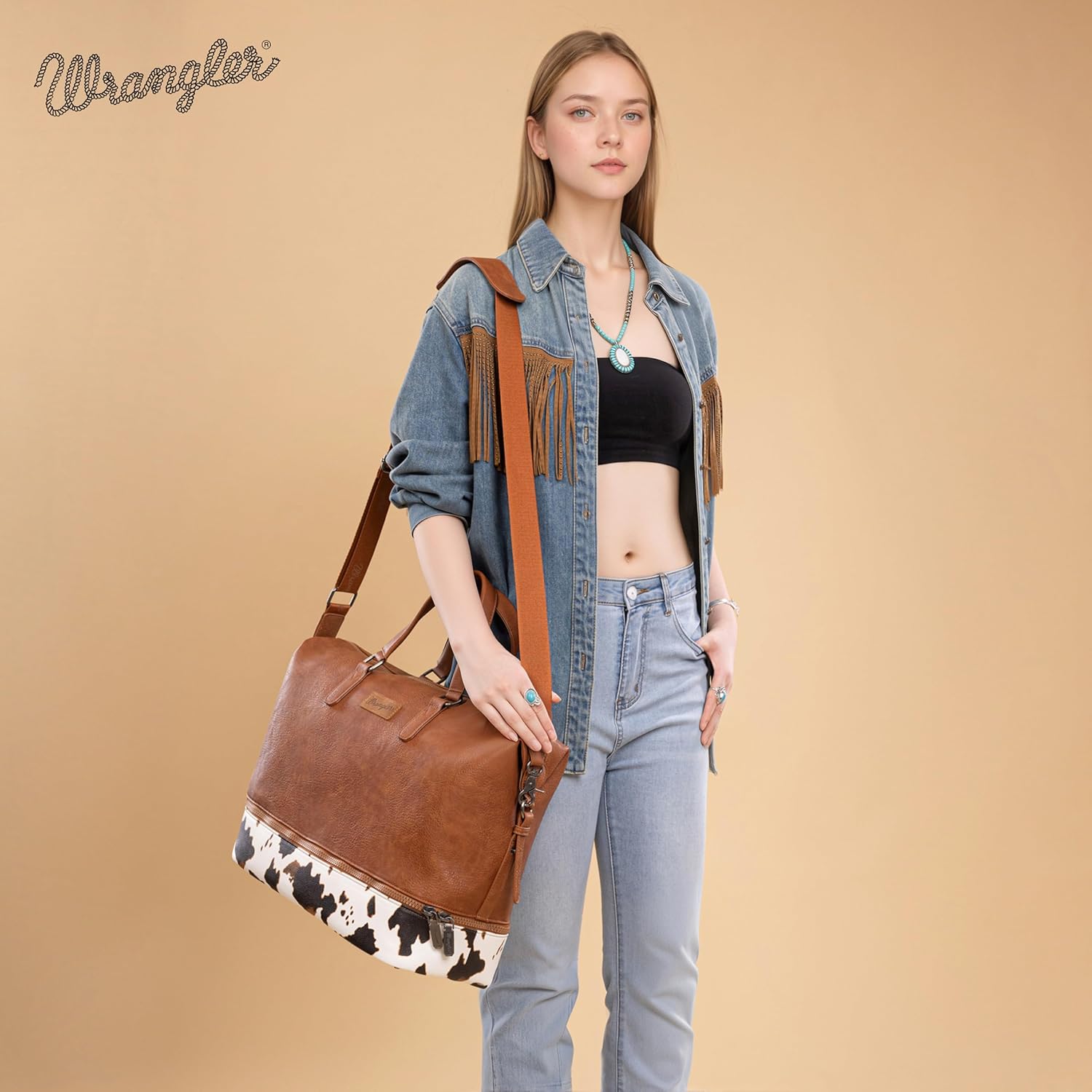 Wrangler Travel Duffel Bag Carry On Overnight Bag with Shoe Compartment Cow Print Weekender Bag for Women WG253-5110COW-BR - Image 2