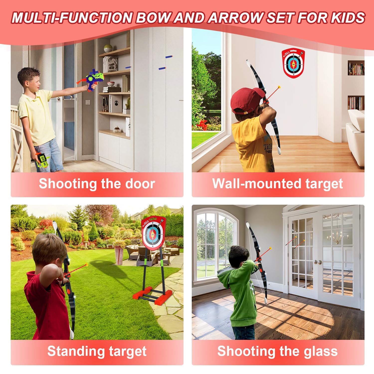 Arc et flèche pour Enfants avec Lumières LED, Ensemble de tir à l'arc Comprenant avec 2 Arcs, 1 Cible Debout, 20 Flèches, 2 Pistolets à Flèches en Mousse et 2 Carquois, Jouets pour 4-12 Garçon Fille