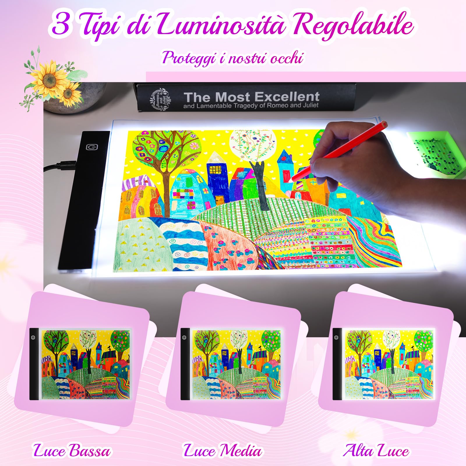 Guiseapue A4 Lavagnetta Luminosa per Disegnare, Lavagna Luminosa Bambini Artisti, Regolabili Tavoletta Luminosa per Pittura, Disegno, Schizzi, Pittura Diamante,Animazione