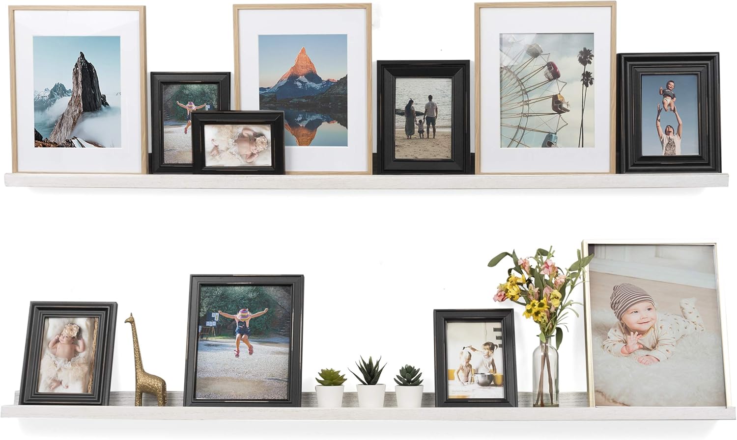 Rustic State Ted 60" Wall Mount Extra Long Narrow Picture Ledge Photo Frame Display - Wood Floating Shelf for Living Room Office Kitchen Bedroom Bathroom Décor - Set of 2 - Washed White