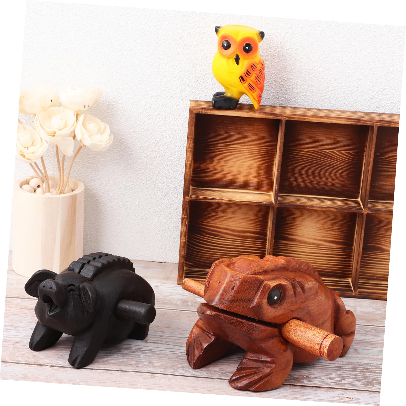 Levemolo 3piezas Animales De Madera Sonoros Instrumento De Percusión Toad Pig y Owl Para Decoración Del Hogar y Oficina