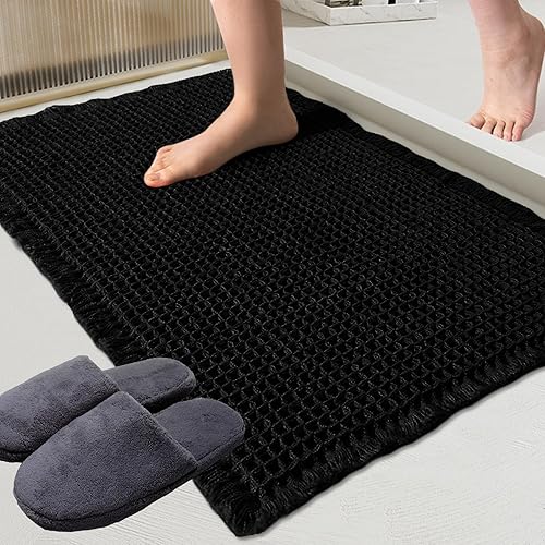 ZALL Tapete de baño con diseño de gofres, color negro, súper absorbente, antideslizante, diseño geométrico de rombos de 17 x 24 pulgadas, lavable a