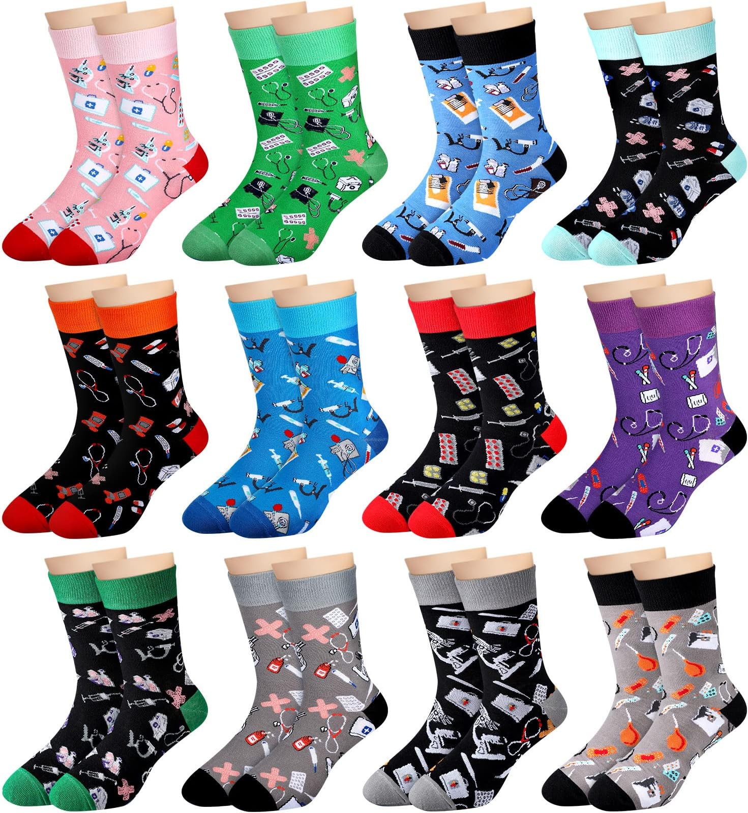 12 Pairs Novelty Nurse Socks Bulk for Women Men Cna Week Appreciation Gifts Funny Medical Themed Cotton Crew Socks for Rn Healthcare Worker Appreciation Gifts