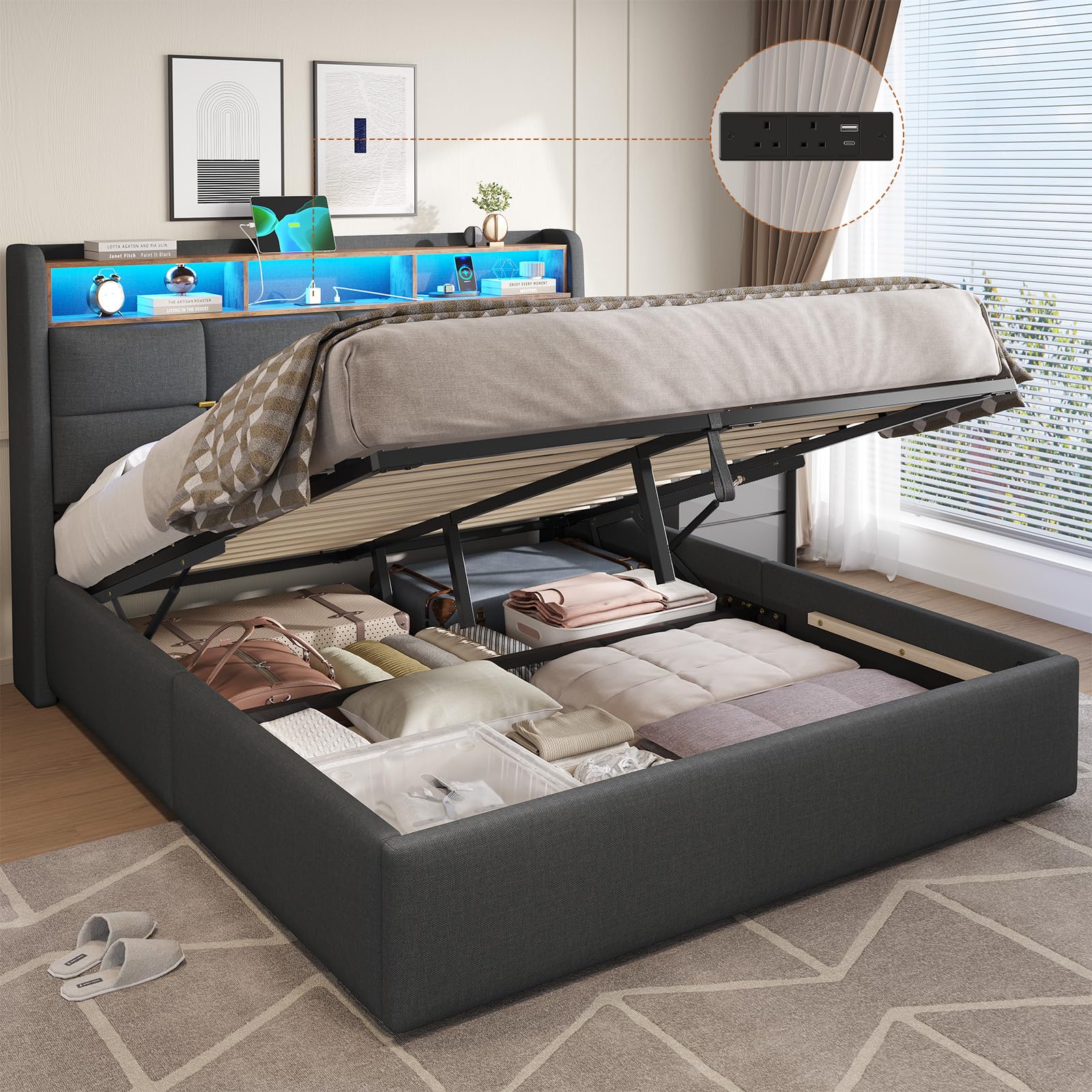 DICTAC King Size Bed Frame with Hydraulic Storage,Charging Station and Led Lights King Upholstered Ottoman Bed with Headboard,5ft Lift Up Platform Storage Beds,Wood Slats,Grey-150x200cm-No Mattress