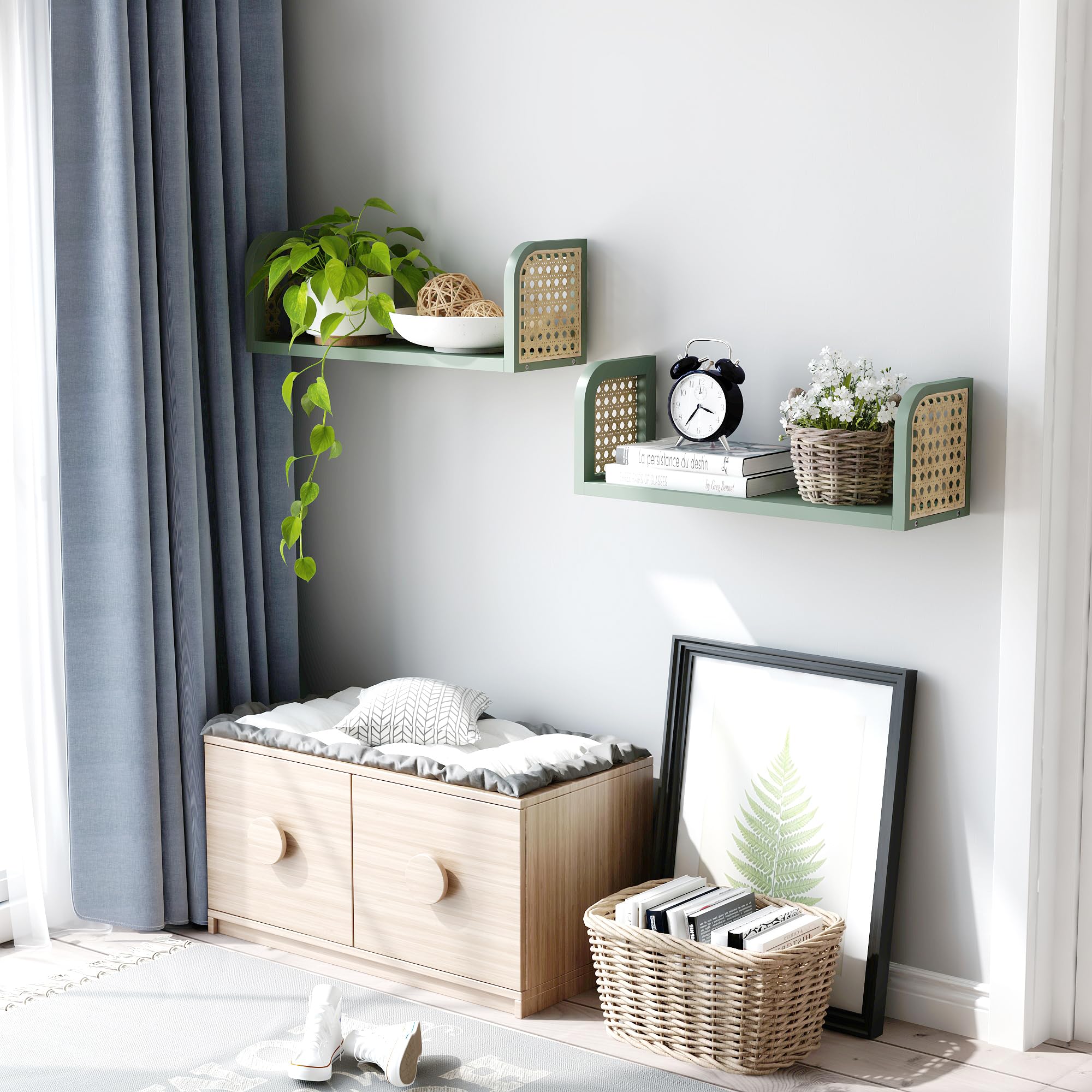 2er Set Rattanregal – Boho Wandregal & Boho Deko in Grün, Hängeregal für Kinderzimmer, Wohnzimmer & Schlafzimmer, Aufbewahrung für Bücher & Spielzeuge in Grün