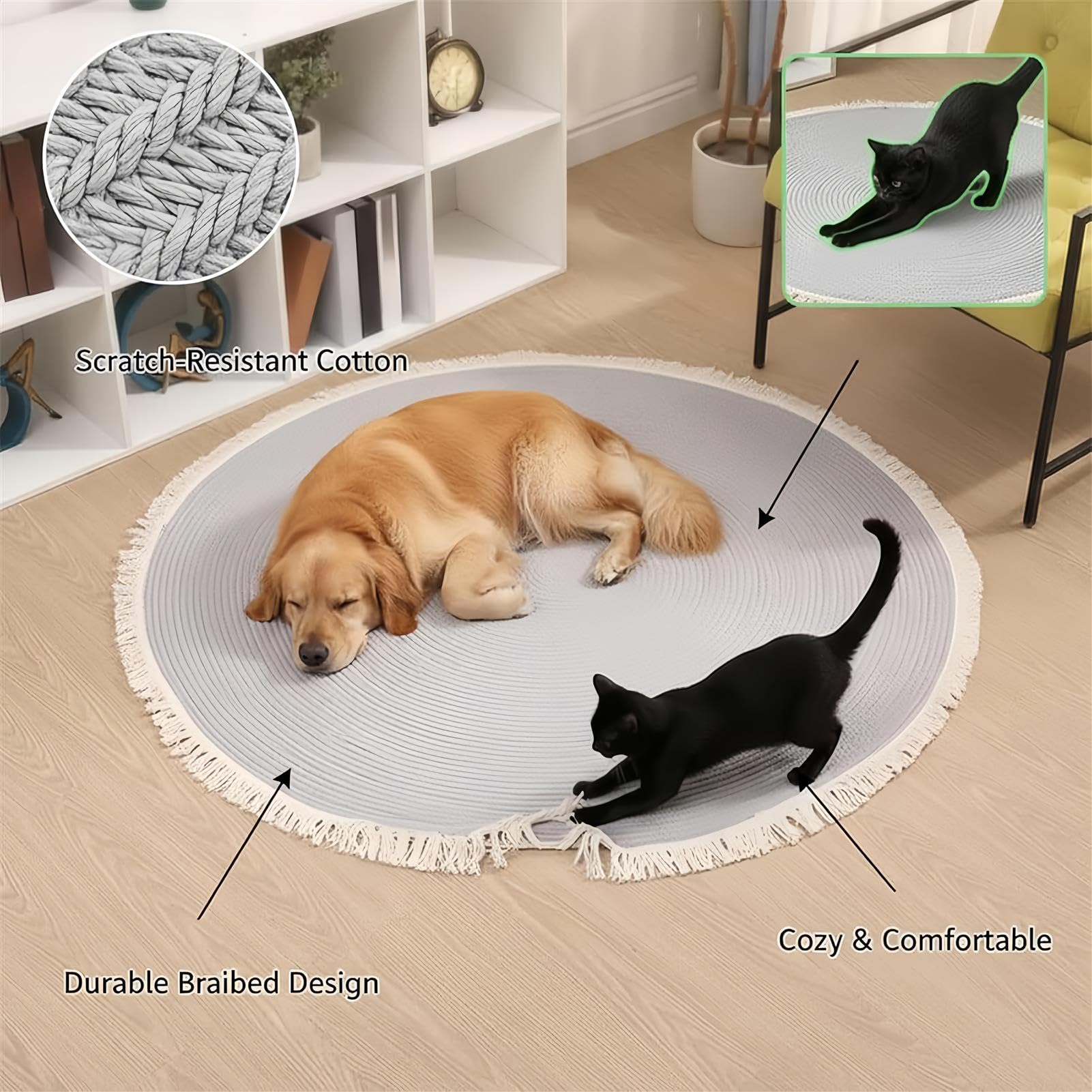 Alfombra de cuerda de algodón, lavable, redonda, reversible, con borlas, para gatos, suave, elegante, para el hogar, solución para rascar