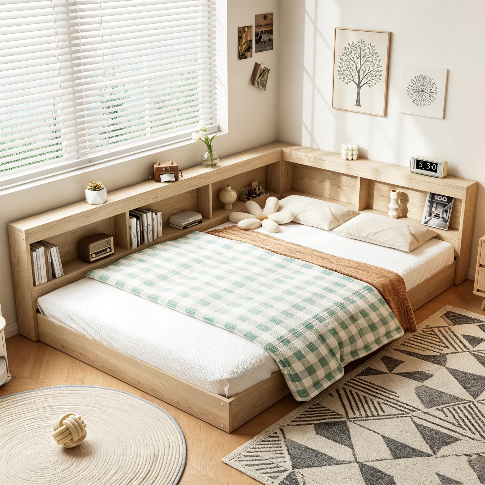 4ft6 Double Bed Frame with Beside Bookcase and Storage Shelves, Household Low Platform Floor Bed for Adults Kids Teenagers, Wooden Storage Beds Guest Beds with Slatted Frame, White Oak, 135x190 cm