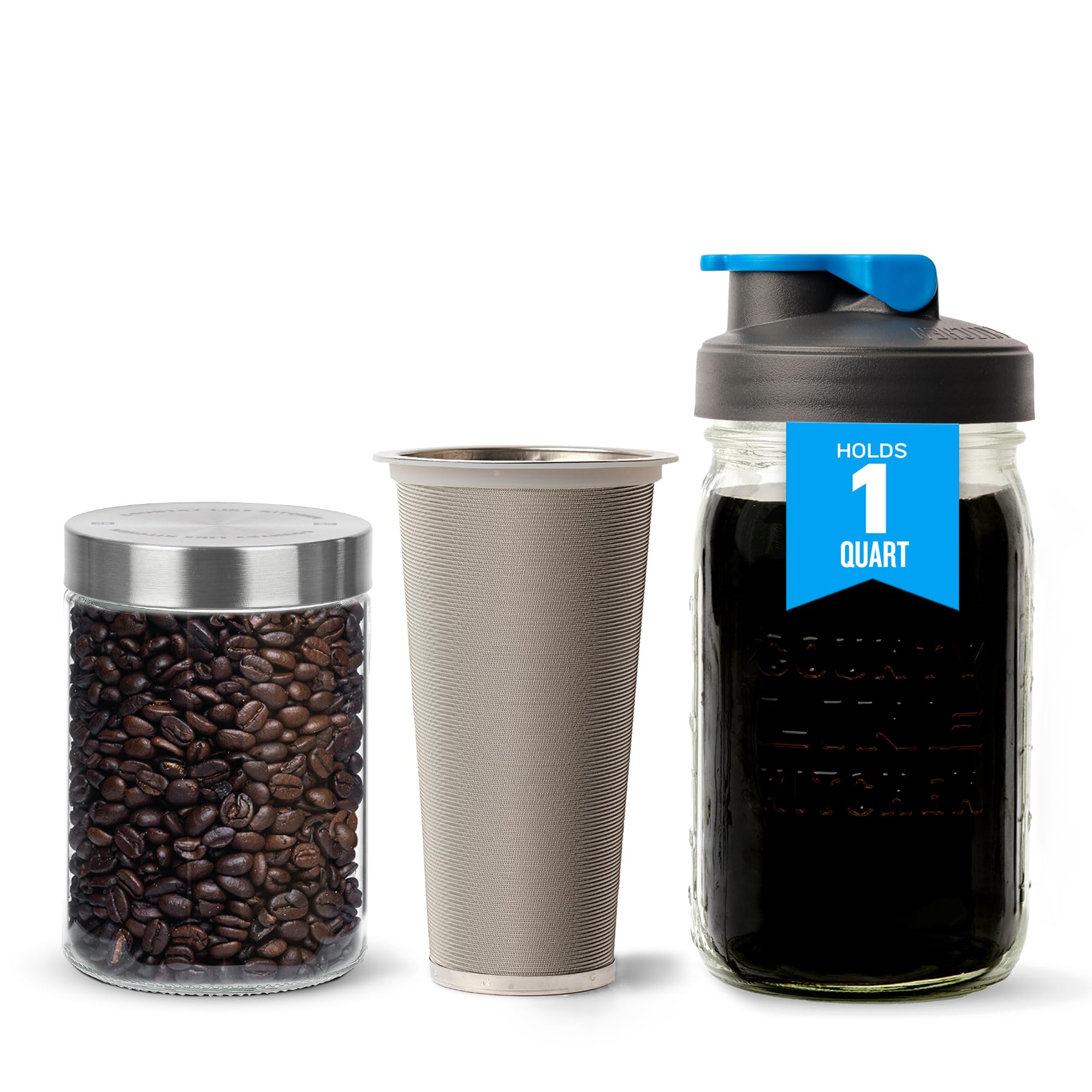 County Line Kitchen1 Qt Cold Brew Mason Jar Coffee Maker & 40 oz Glass Storage Jar with Screw-On Stainless Steel Lid