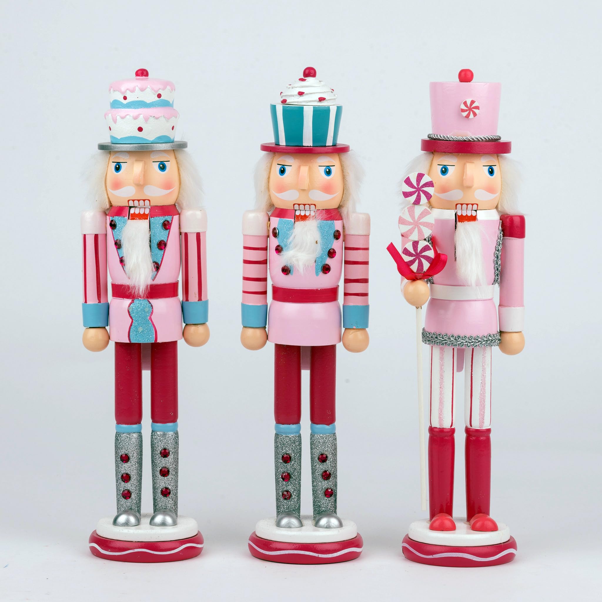 38cm Pink Candy Cane Wooden Christmas Nutcrackers - 3pcs Set - Soldiers King Puppet Figurines Xmas Home Decoration Ornament