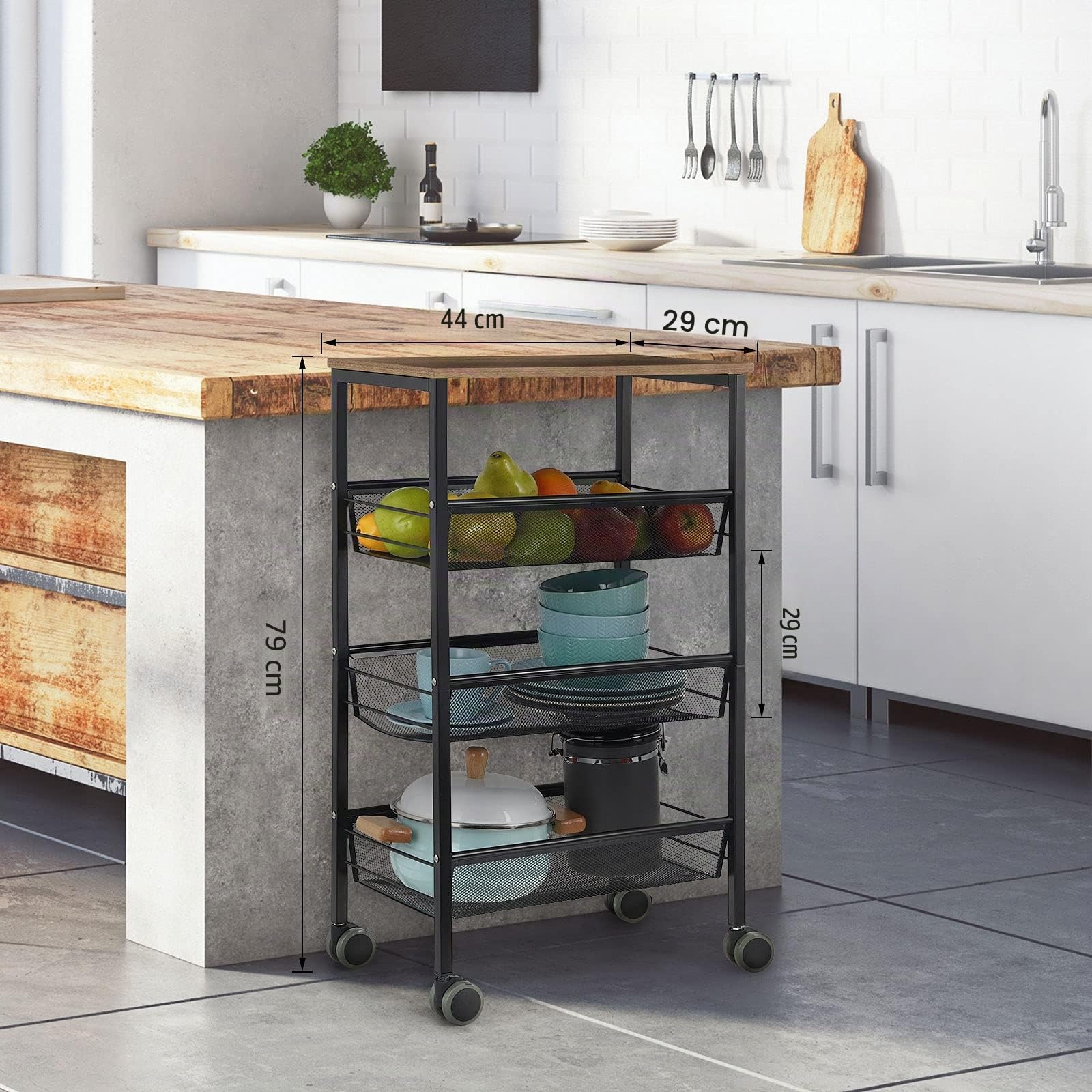 Carrito de 4 niveles con tablero de madera, carrito de cocina, carrito de servicio de metal, 44 x 29 x 76,5 cm, estante con ruedas para cocina, baño, salón, oficina (negro)