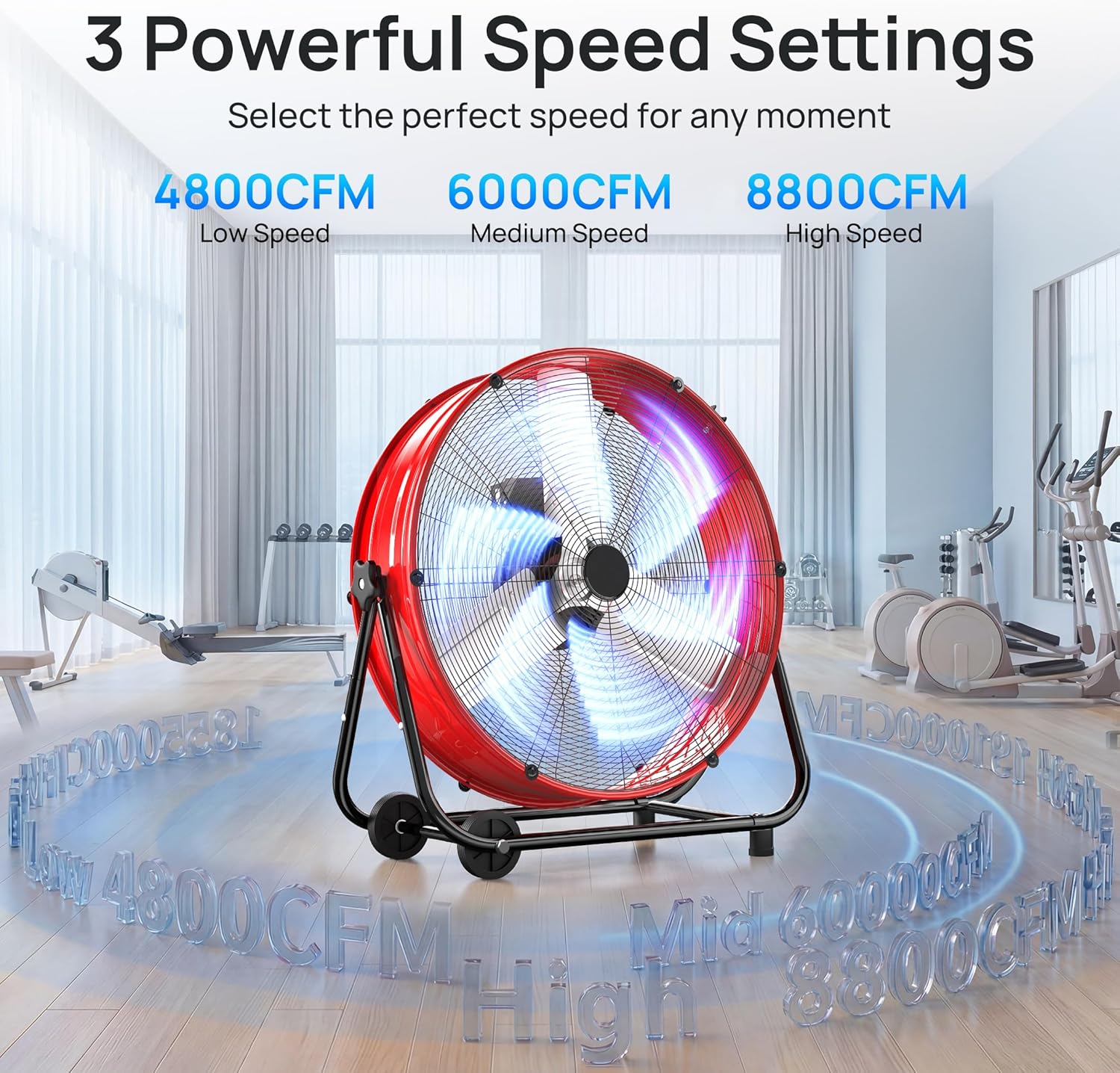 Mountman 24" High Velocity Floor Fan, 8800CFM Heavy Duty Industrial Drum Fan, 360° Tilt with 2 Casters, Handle,3 Speeds, Outdoor Metal Shop Fan for Garage, Factory, Patio, Basement, Commercial
