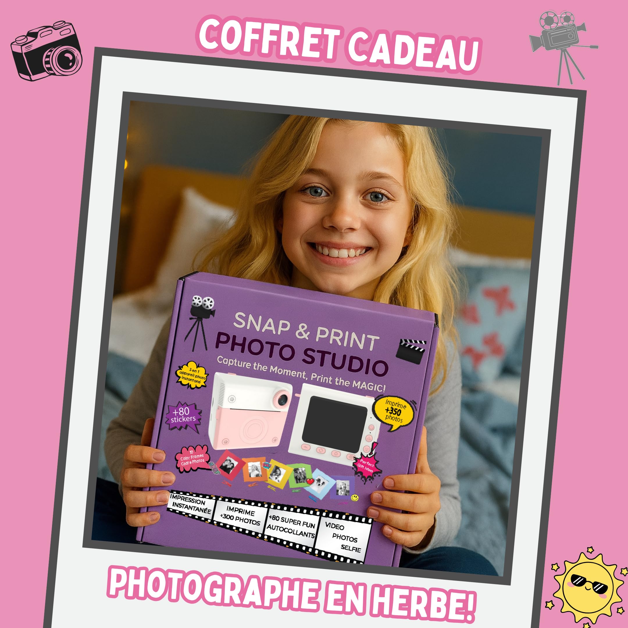 Appareil Photo Enfant, Appareil Photo Instantané, Écran Large avec Papier d'impression et Carte 32GB, Mode Video et Selfie, Jouet Cadeau pour Filles et Garçons Enfant de 3-14 Ans (Rose)