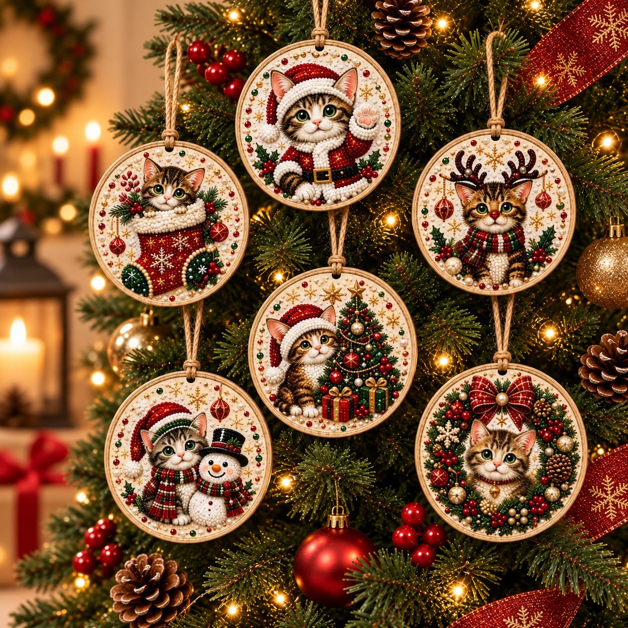 6 PCS DIY Diamond Art Kits, Wooden Hanging Decoration with 5D Resin Gems, Cat Design, Crafts for Adults, Christmas Ornaments for Tree and Home Display, Activity for Beginners and Seasonal Gifts