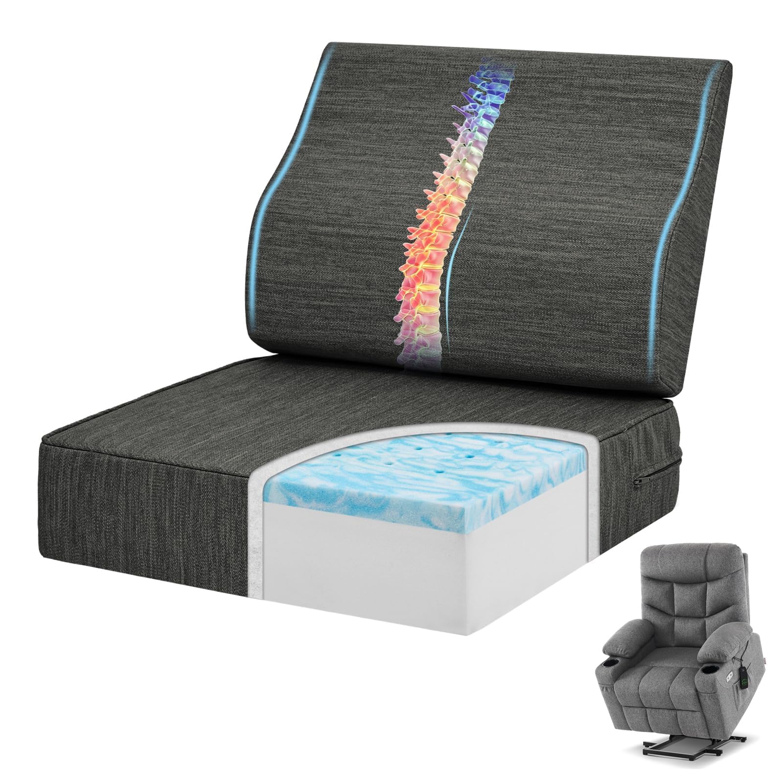 Shinnwa Gel-Memory-Foam Sesselauflage mit Lendenwirbelstütze für Senioren, 50x50x12.7 cm Doppelschicht-Design, Rutschfestes Sitzkissen für Relaxsessel, Entlastung von Schmerzen, Schwarz
