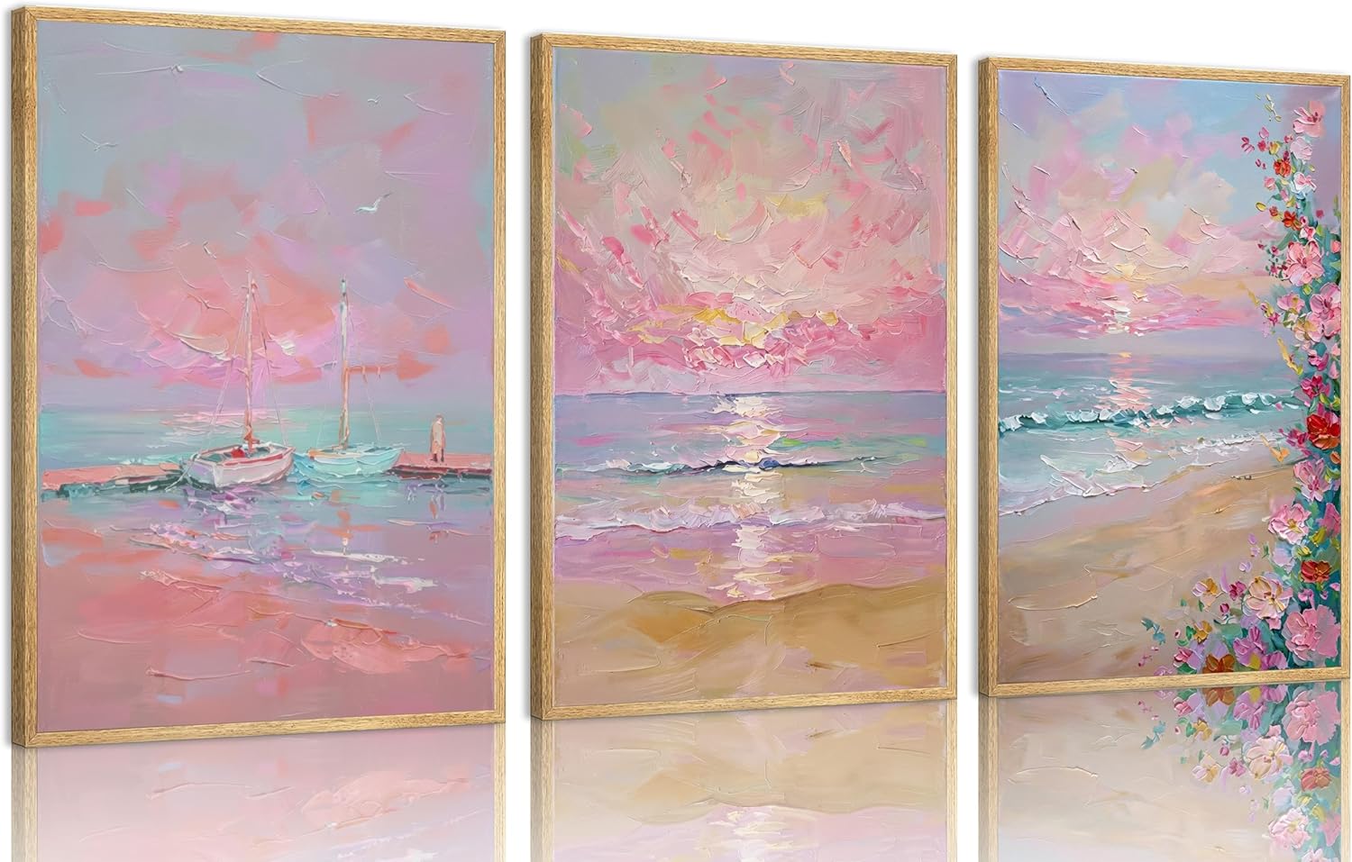 Kouserlin 3 Pcs Pastel Coastal Wall Art Set, Unframed Pink Ocean Beach Canvas Posters, Grandmillennial Preppy Room Decor of Sailboat & Wildflower for Bedroom, Girls Dorm(16x24Inch)