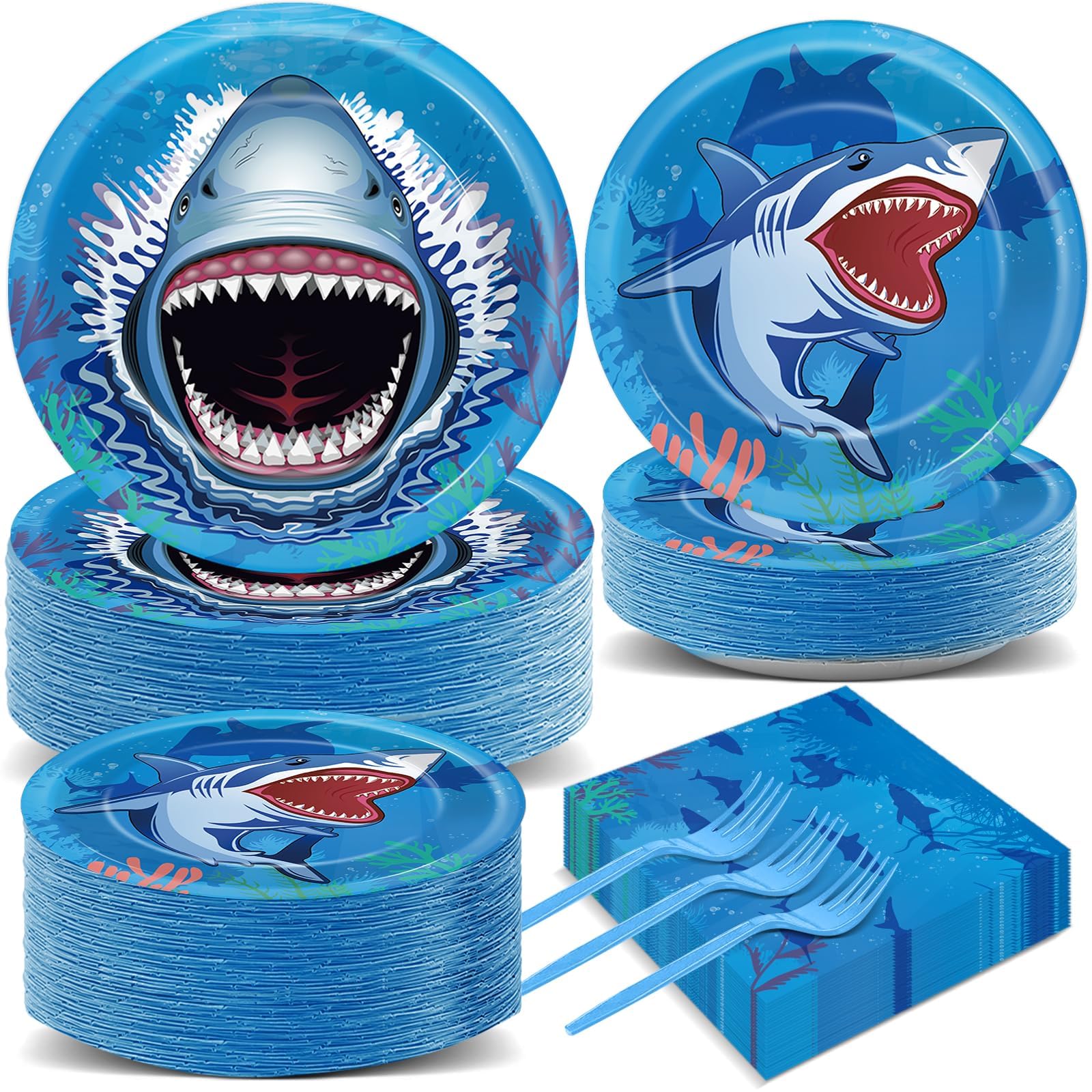 200Pcs Shark Birthday Party Decorations Shark Paper Plates and Napkins Under the Sea Tableware Set Disposable Shark Dinnerware Ocean Birthday Dessert