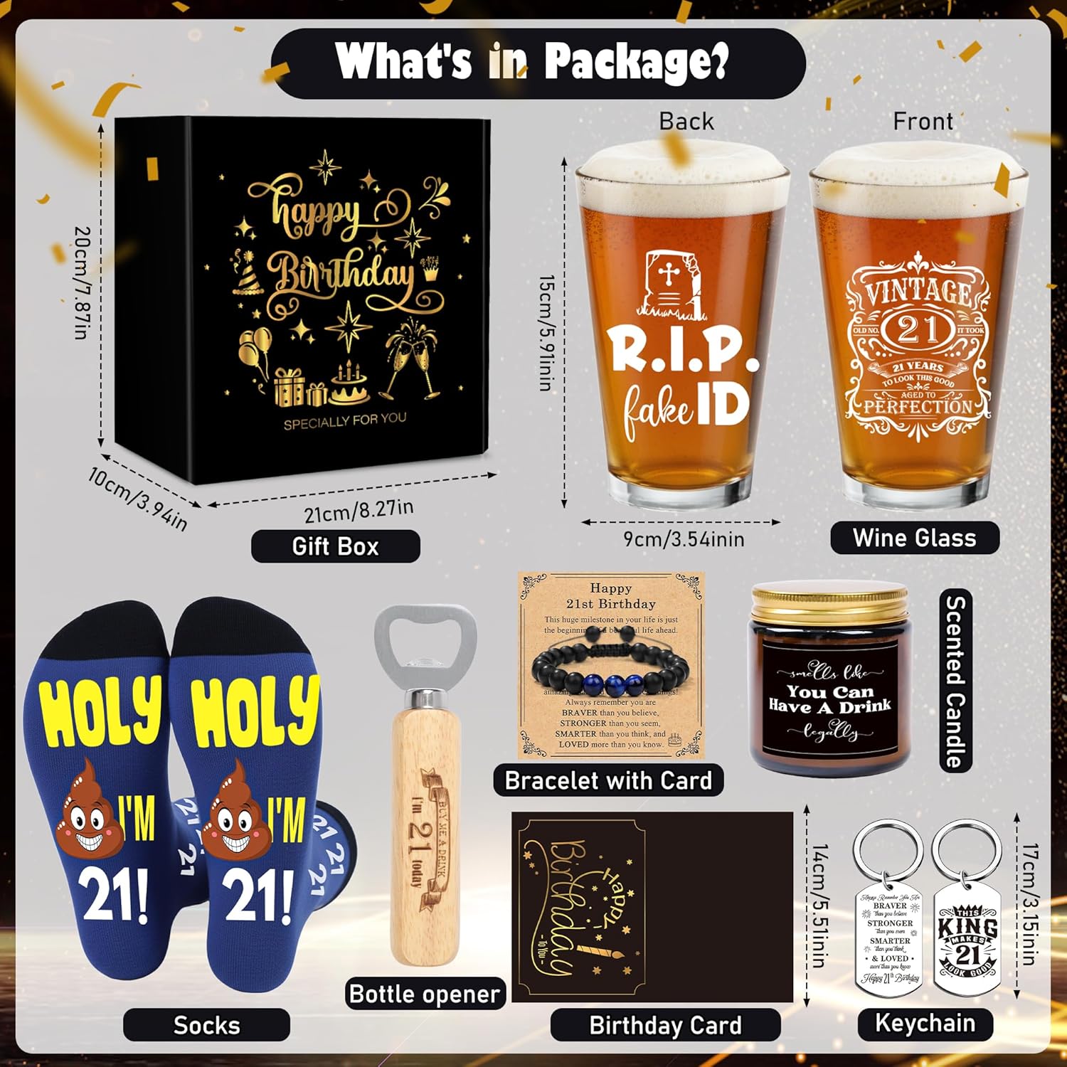Keluna 21st Birthday Gifts for Men, Vintage 21st Birthday Gift with Wine Glass, Bottle Opener, Socks, Bracelet, Keychain, Card for 21 Year Old Man Legal Drinking Age Present Christmas Holiday
