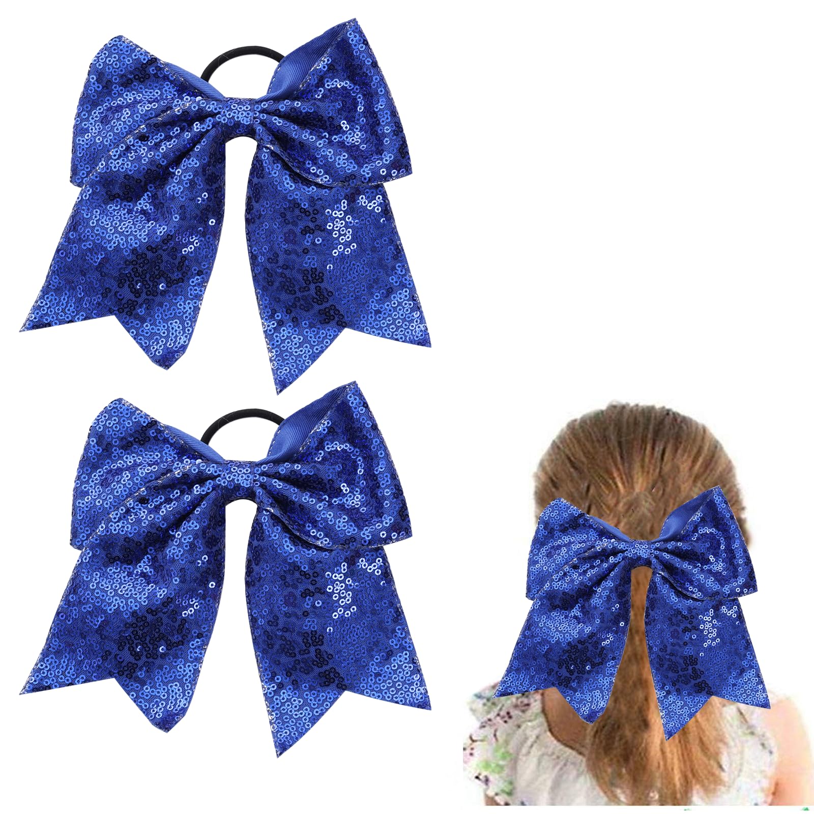 Large Blue Sequin Glitter Cheer Hair Bows,Sparkly Bows Ponytail Holder Elastic Band for Cheerleading Teen Girls College Sports (Blue)