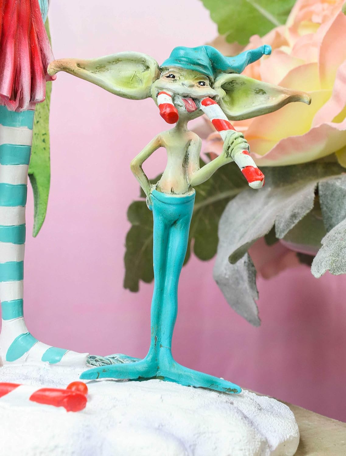 Ebros Festive Christmas Holiday Blue Fairy with Gremlin Eating Candy Cane Statue by Amy Brown Faery Garden Fantasy Collector Figurine As Accent Decor or Gift Idea