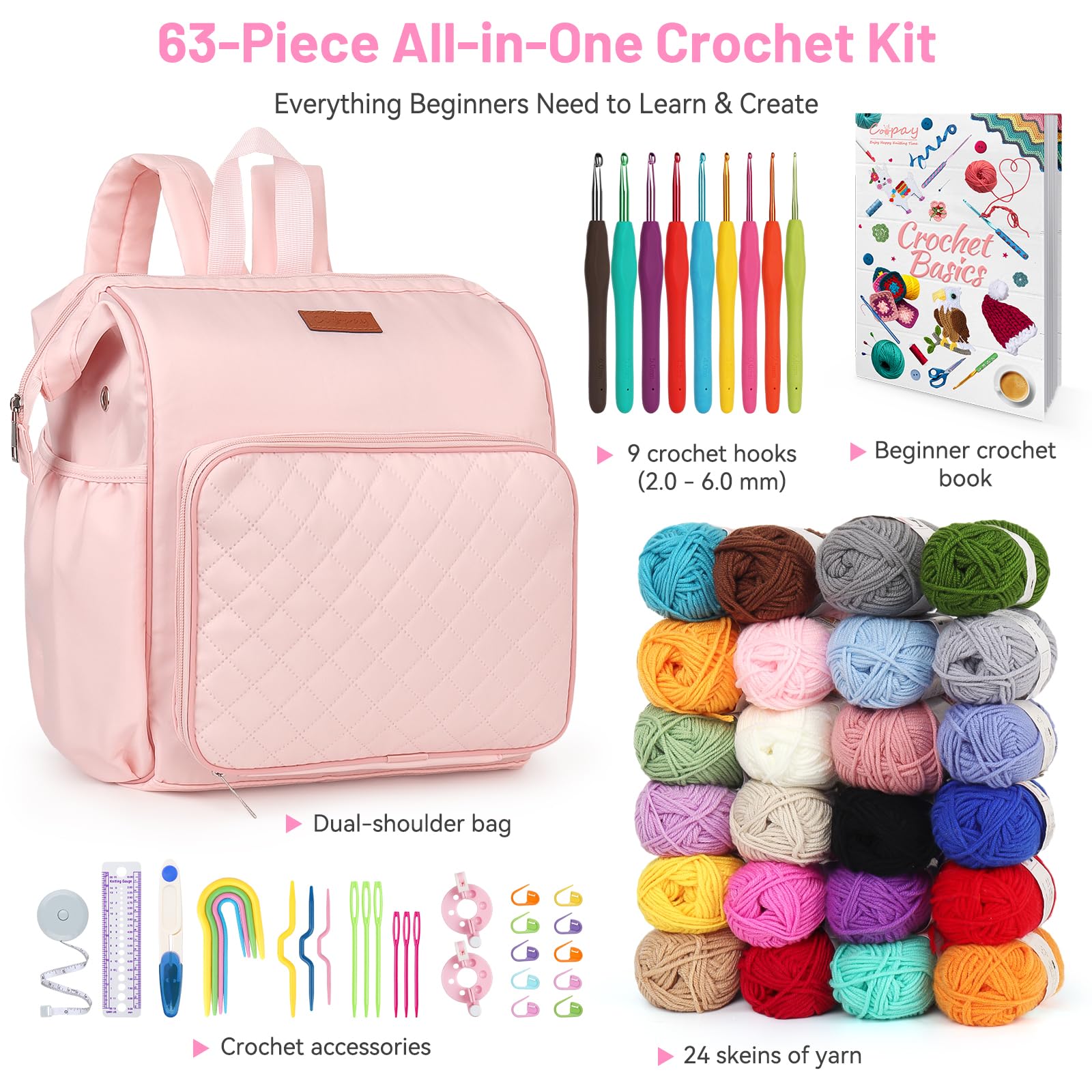 Coopay Reise-Häkelset für Anfänger und Erwachsene, All-in-One-Häkelset inklusive Stricktasche, Rucksack, Häkelnadeln, Häkelgarn zum Häkeln von Büchern, Häkeln und Strickbedarf, ideales Häkelgeschenk