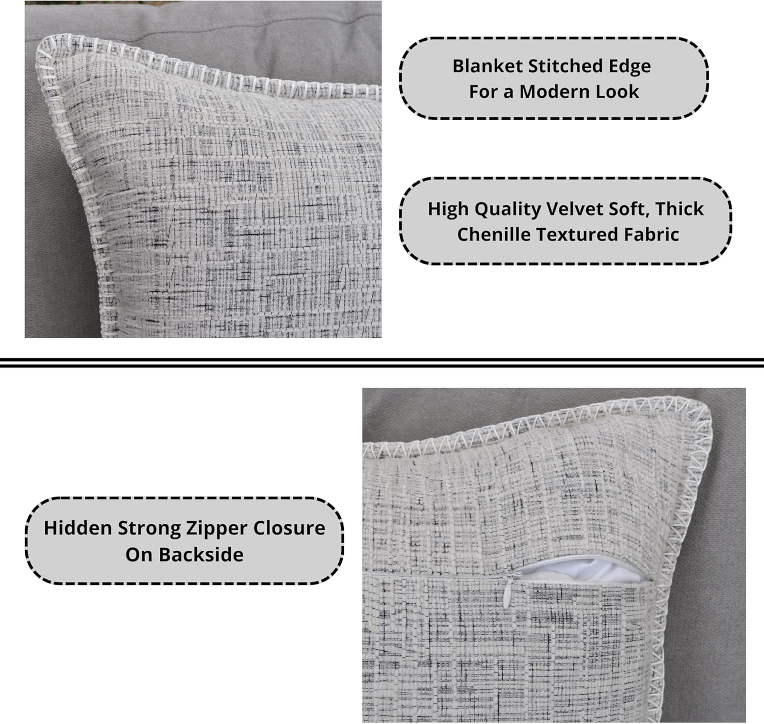20x20 Stitched Edge Textured Chenille Throw Pillow Covers Cream White & Black Texture Set of 2 Soft Cushion Covers Modern Farmhouse Decorative Square Pillow Cases for Couch Sofa