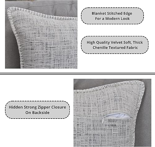 Miniatura 4 de Juego de 2 fundas de almohada de felpilla con textura de borde cosido de 20 x 20 pulgadas, color blanco crema y negro, fundas de cojín suaves,