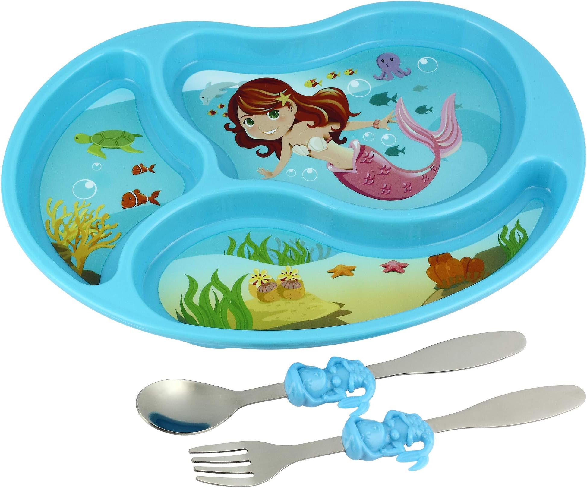 KidsFunwares Mermaid Me Time Meal Set, Portion Control Divided Plate with Fork and Spoon for Kids