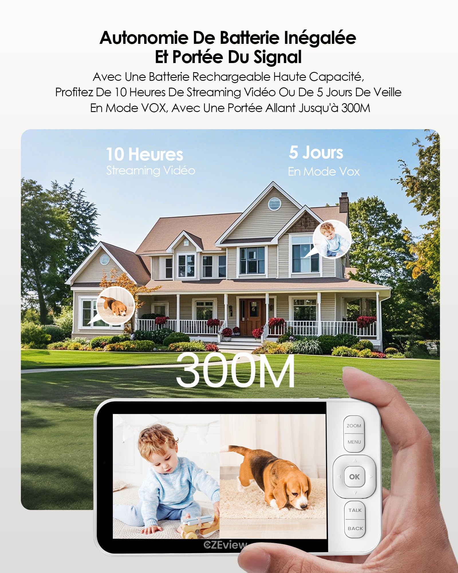 CZEview Babyphone Caméra Bébé, Moniteur Vidéo 5,0", PTZ 360°, Vidéo Caméra Surveillance Bébé, Audio Bidirectionnel, Vision Nocturne, Berceuses, Détection AI & Alertes Intelligentes
