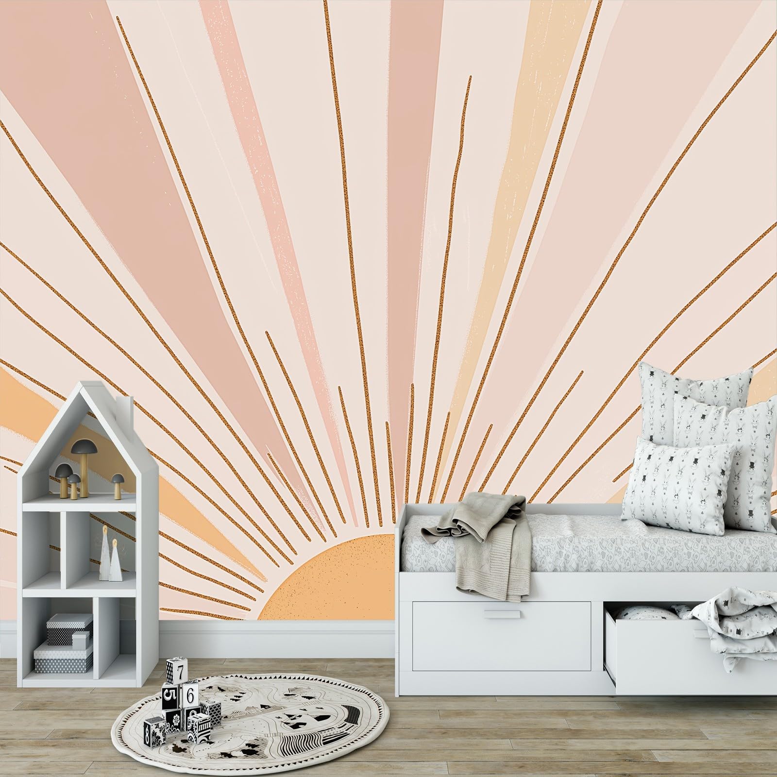 Tapeta ścienna, tęczowe linie słoneczne w stylu boho, fototapeta w stylu boho, tapeta ścienna, 400 x 280 cm (szer. x wys.), dekoracja ścienna, tapeta dekoracyjna, tapeta ścienna, tapeta do salonu