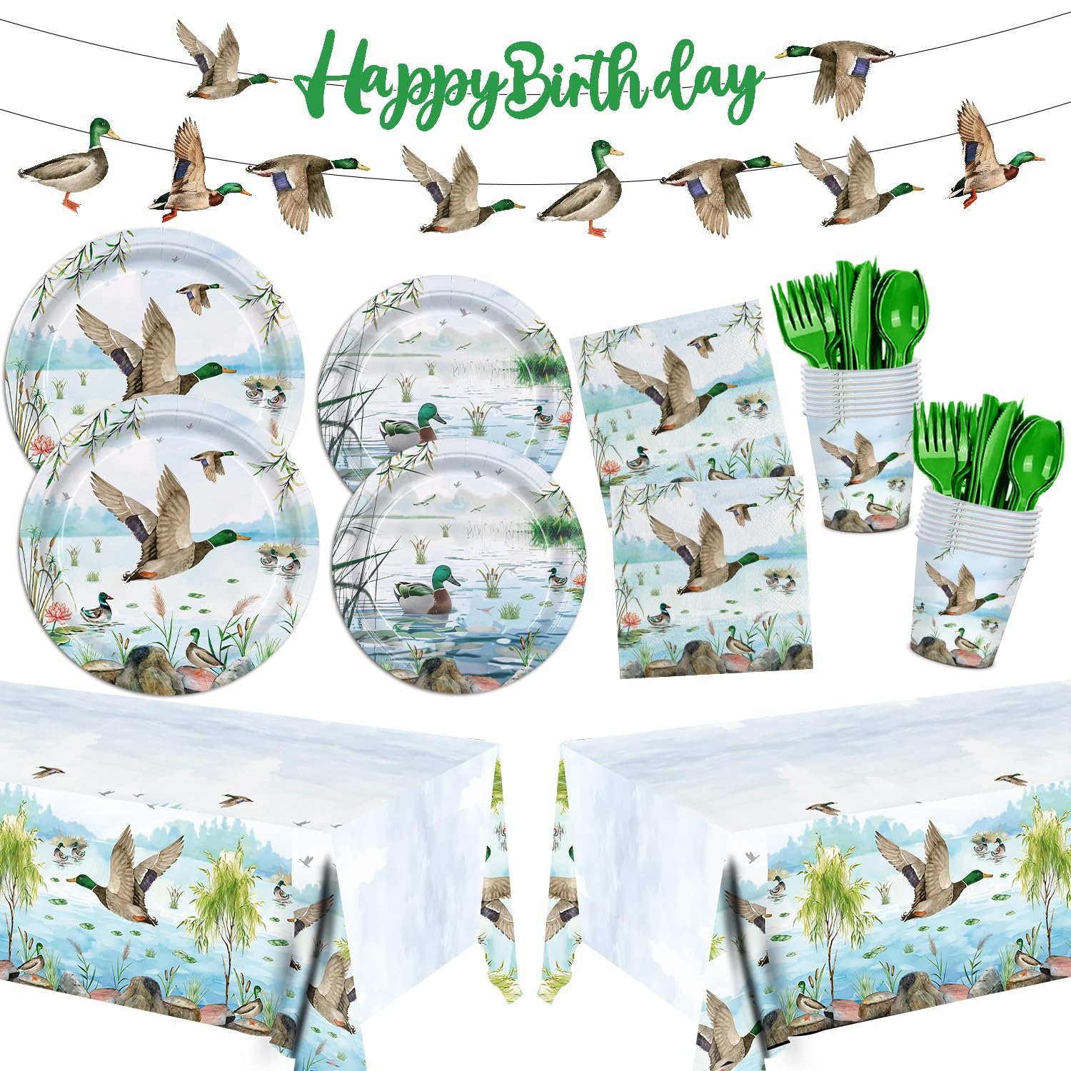 171pcs Mallard Duck Party Supplies Mallard Duck Party Plates Napkins Tableware Set Disposable Paper Cups Green Forks Tablecloth and Banner Duck
