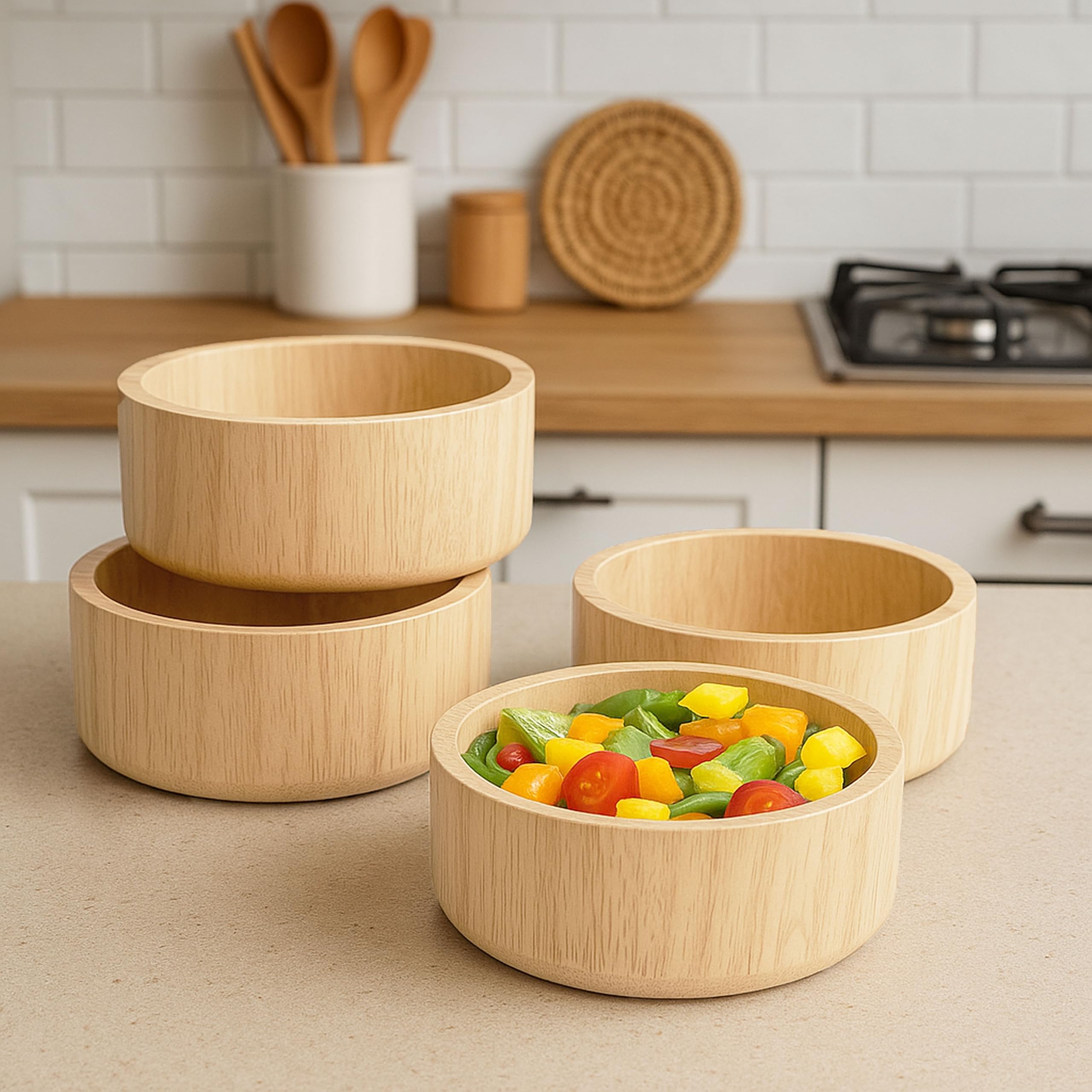 Woodard & Charles - Juego de 4 cuencos individuales de madera, cuencos para servir aperitivos, 6 1/2 x 2 1/2 pulgadas