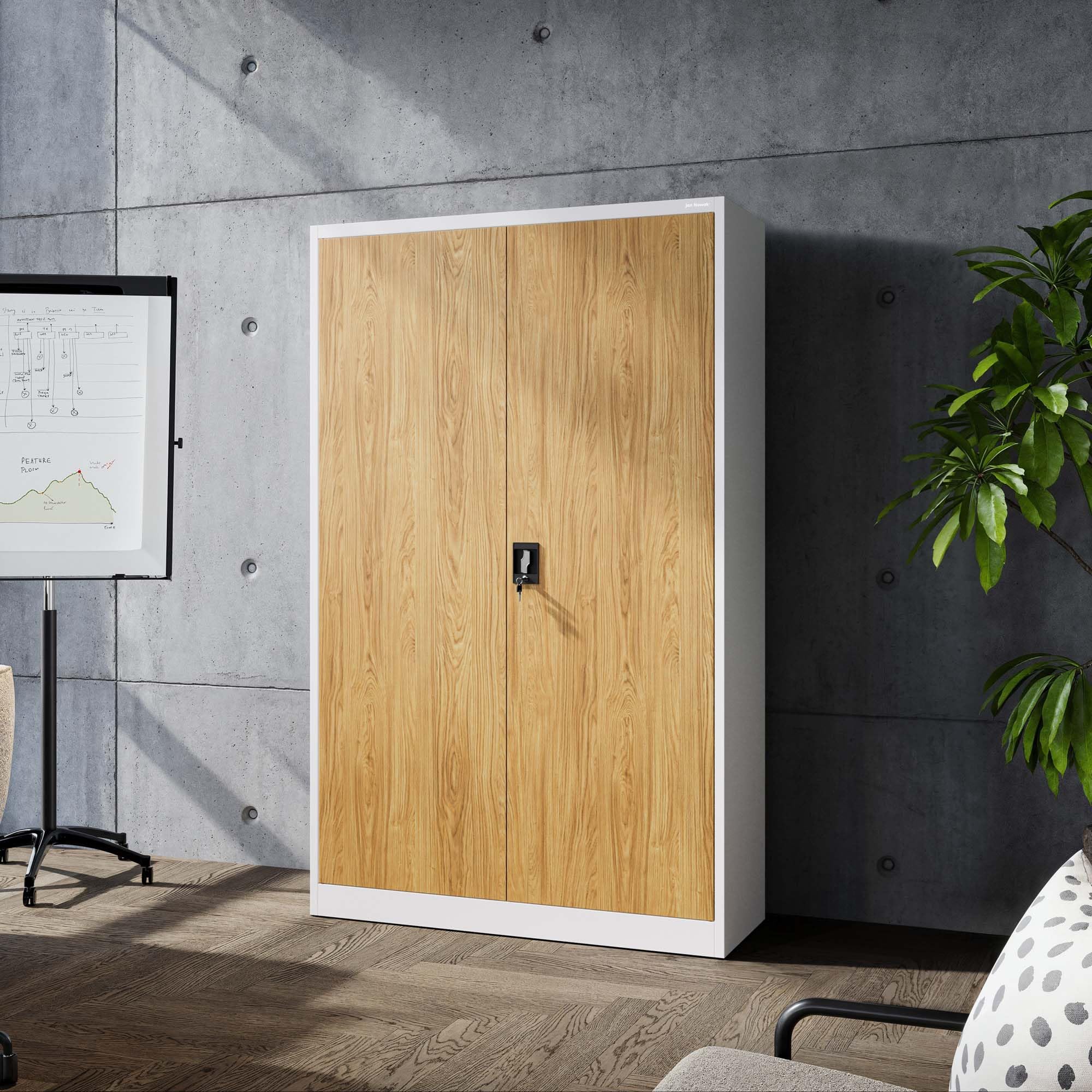 Jan Nowak Armoire de Bureau métallique verrouillable avec 4 étagères réglables pour dossiers et Archives en Acier Robuste 115 x 185 x 40 cm Blanc Chêne doré