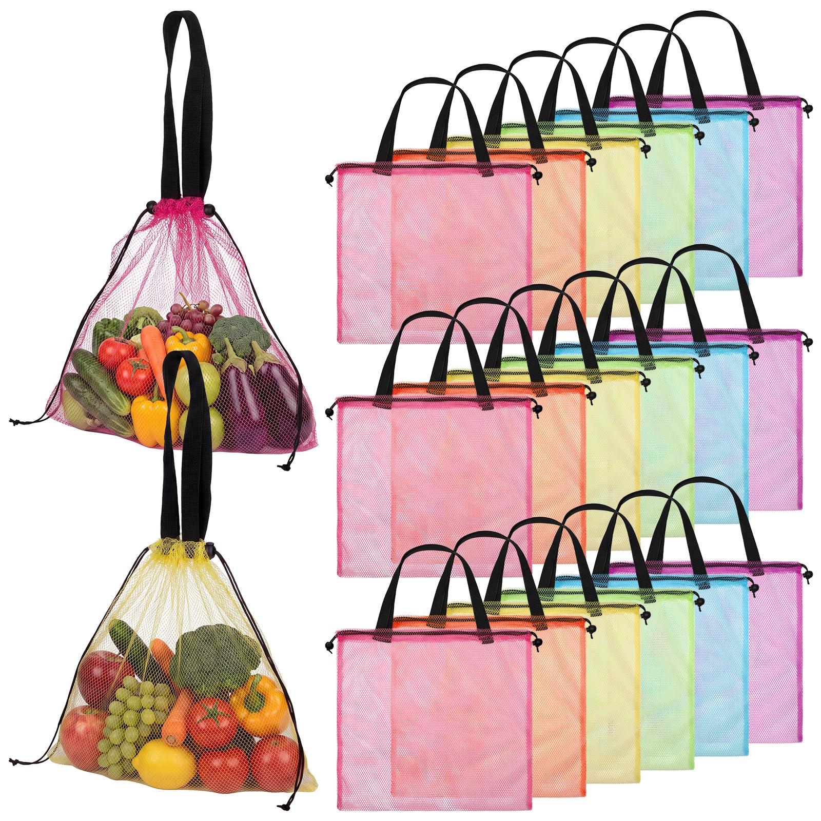 Shinylin Mesh Reusable Grocery Bags Shopping Bags with Handles | Bulk Mesh Produce Bags Tote Bag Drawstring Colorful Quick Drain Vented Fabric, Foldable Shopping Kitchen Storage Beach Pool