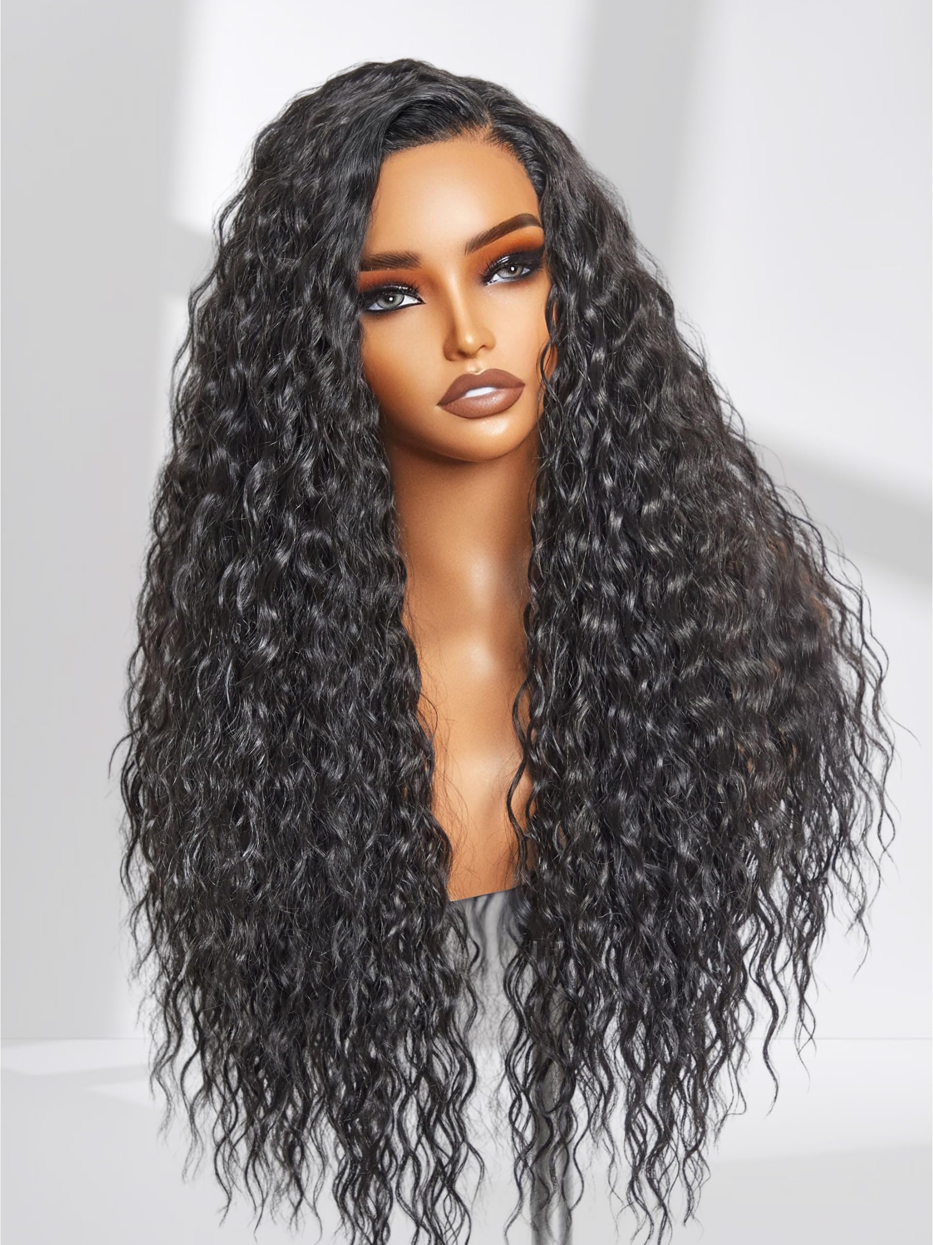GORGIUS Glueless Water Wave Lace Front Wig Bohemian Synthetic Curly Wig Pre Cut Side Part Closure Wig with Natural Hairline 28 Inch Natural Black Long