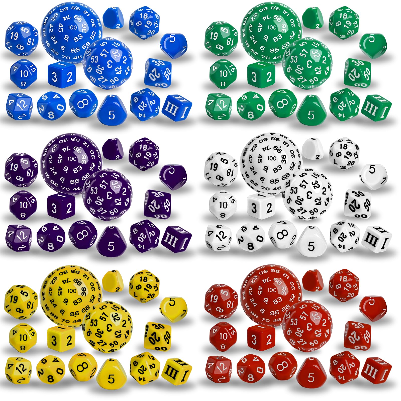 IvyFieldDice 6 Sets Complete Polyhedral Dice Set D3-D100 (15 pcs) for TRPG Tabletop Games (Multi-Color)