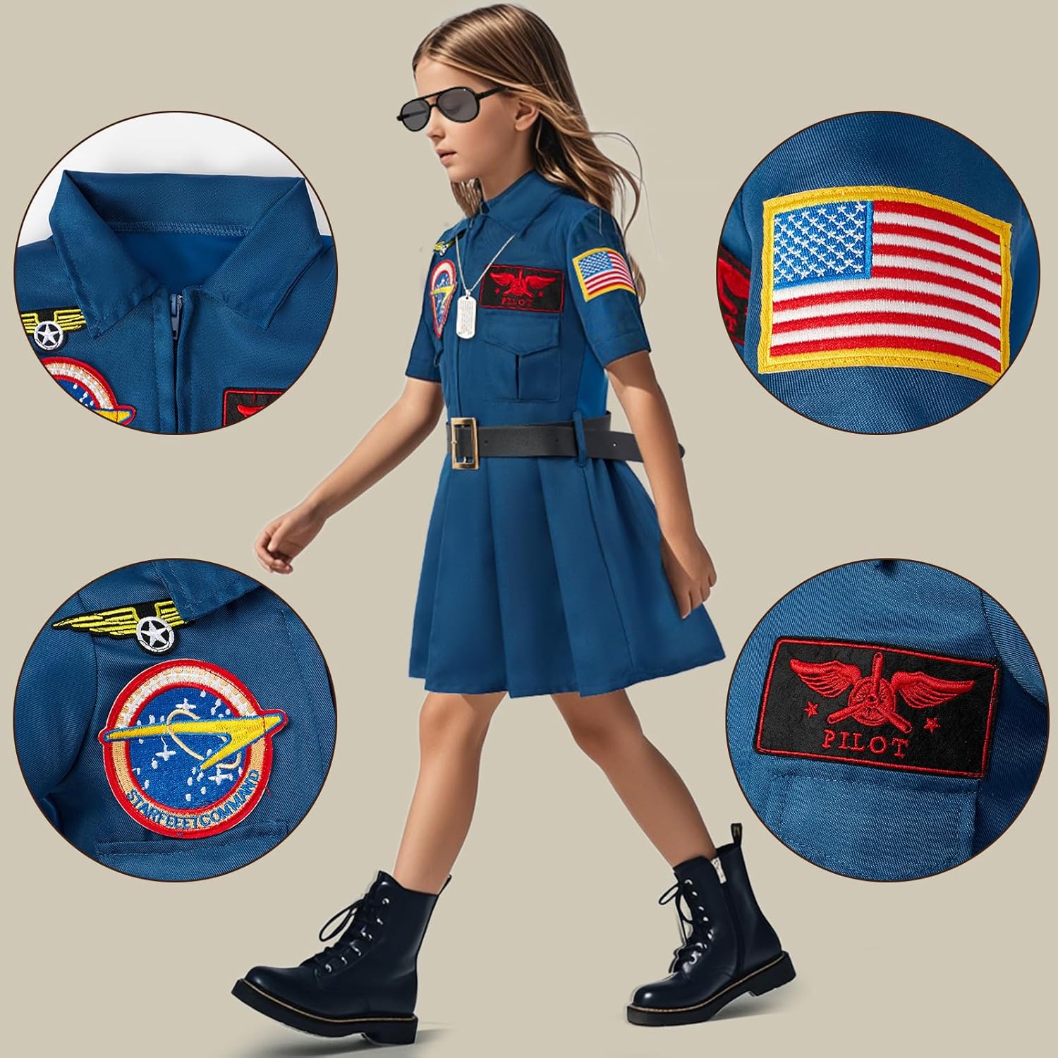 G.C Girls Pilot Costume Dress Sunglasses Accessories Kids Toddler Halloween Cosplay Role Play Party Birthday Gifts - Image 5