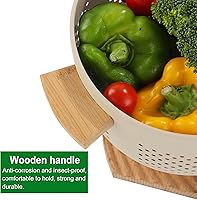 Vista 24 de Colador de metal con mango de madera y base estable, cesta coladora de cocina de acero con recubrimiento en polvo para escurrir pasta, verduras