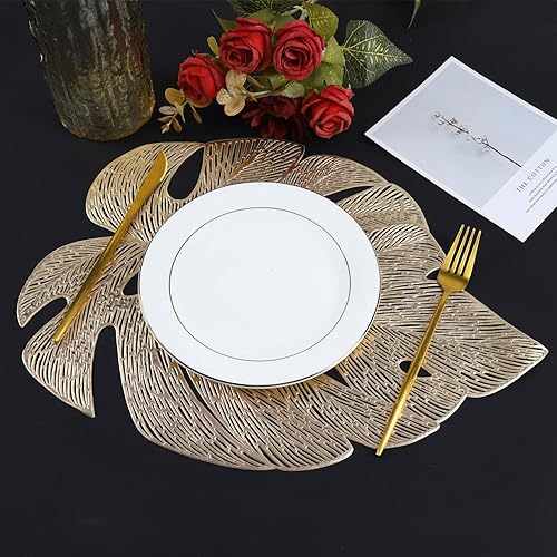 Miniatura 2 de Juego de 6 manteles individuales con hojas huecas para mesa de comedor, manteles de vinilo prensado para mesa de vacaciones, fiestas, bodas, centros