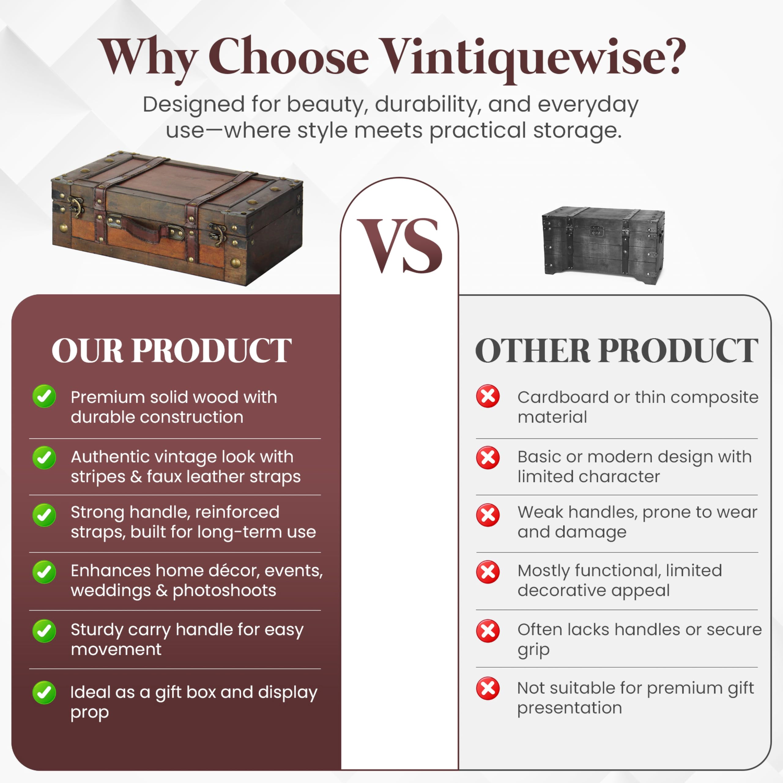 Vintiquewise Old Style-Valigia Decorativa con Cinghie, Set da 2 Pezzi, Legno, Marrone, 38.1 x 26.67 x 13.97 cm