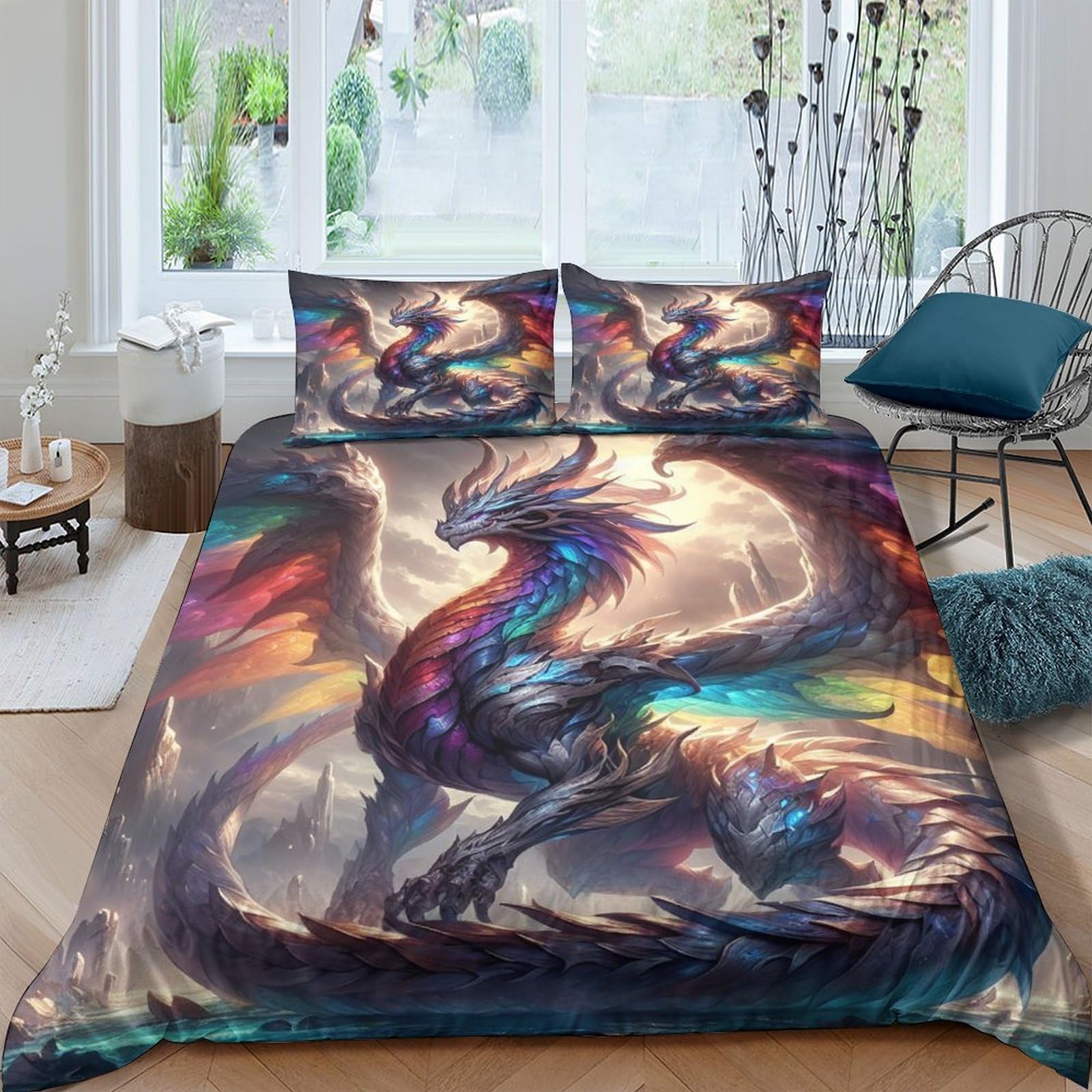 TNFHSOFT Flying Dragon Duvet Cover Microfiber Bedding Set, 3D Print Cool Animals Quilt Cover With Pillowcases, 3 Pieces With Zipper Closure, Winter Soft Comforter Cover Double（200x200cm）