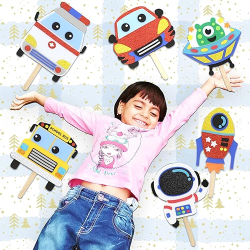 Miniatura 6 de VKPI Haz 6 marionetas de palillos para niños, regalo de manualidades de espuma, juguetes de tiempo de cuentos para niños mayores de 4 años, autos,