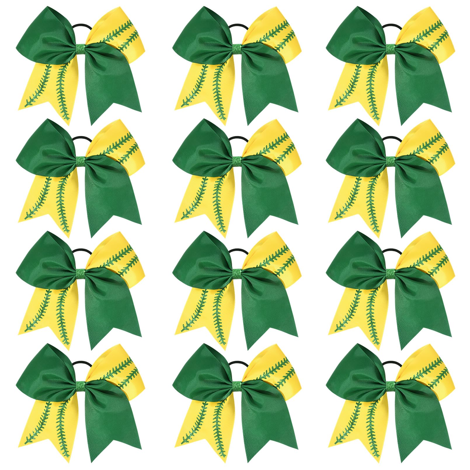 DEEKA 12 PCS Softball Cheer Bows with 2 Glitter Stitching Two Toned Cheerleader Team Bows Elastic Band for Softball Sports Girls (Green/Yellow+Green