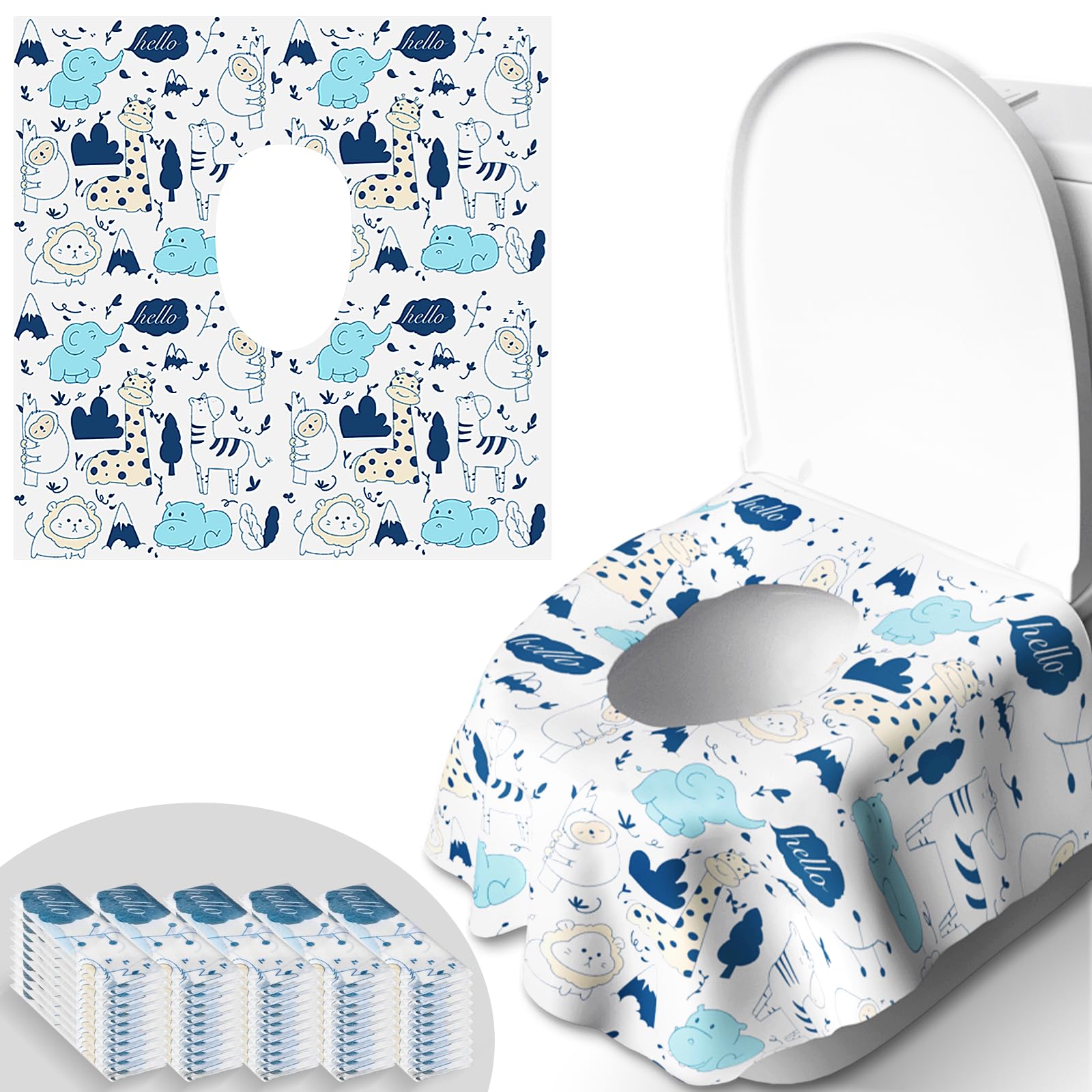 50 PCS Disposable Toilet Seat Covers, Extra Large Portable Potty Seat Covers for Toilet, Bathroom, Toddler & Kid Potty Training Seat Cover, Travel Essentials for Airplane, Trip-Animal