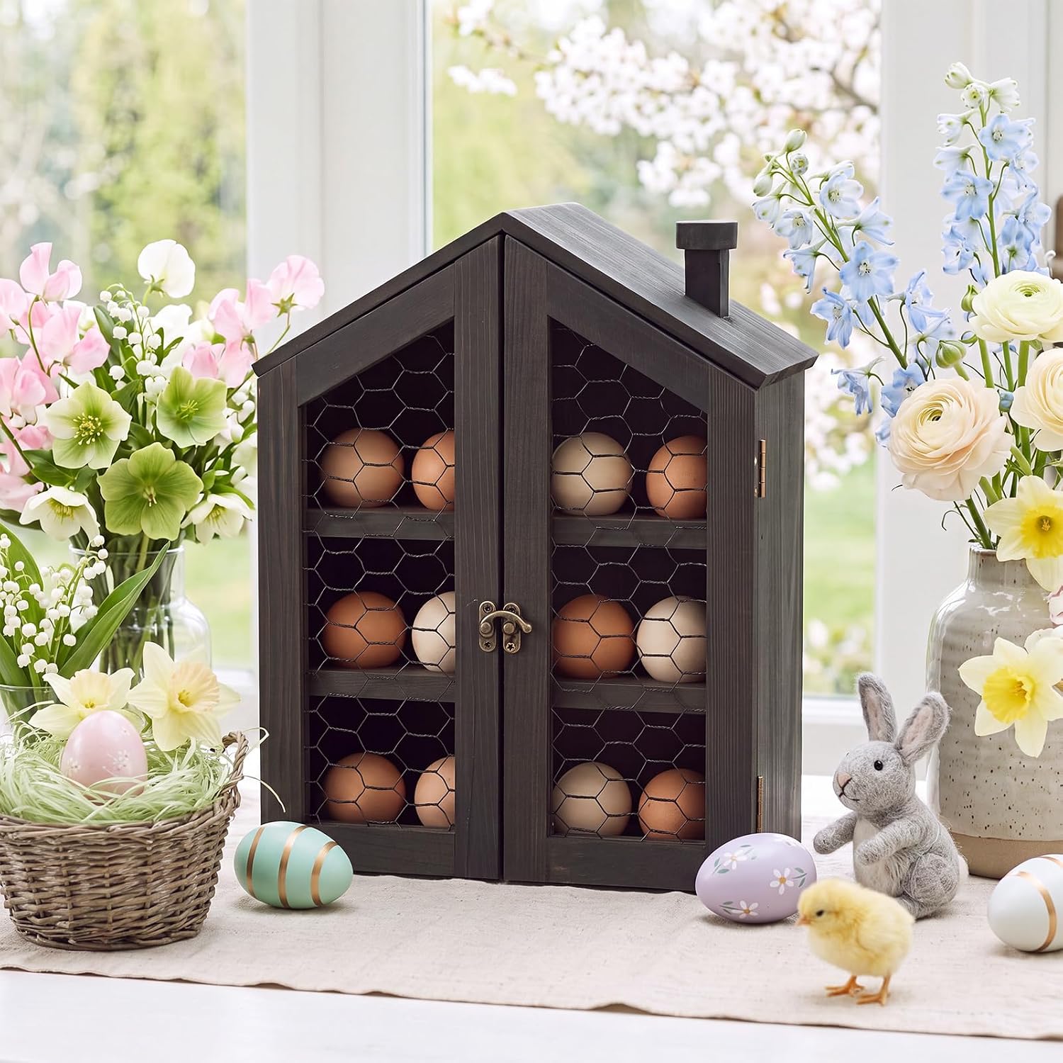 Xuhal Wooden Egg Holder Countertop Farmhouse House Shape Egg Storage Decor 3 Tier Cabin Pull out Storage Shelf Holding up to 24 Distressed Collecting Basket for Gathering Kitchen