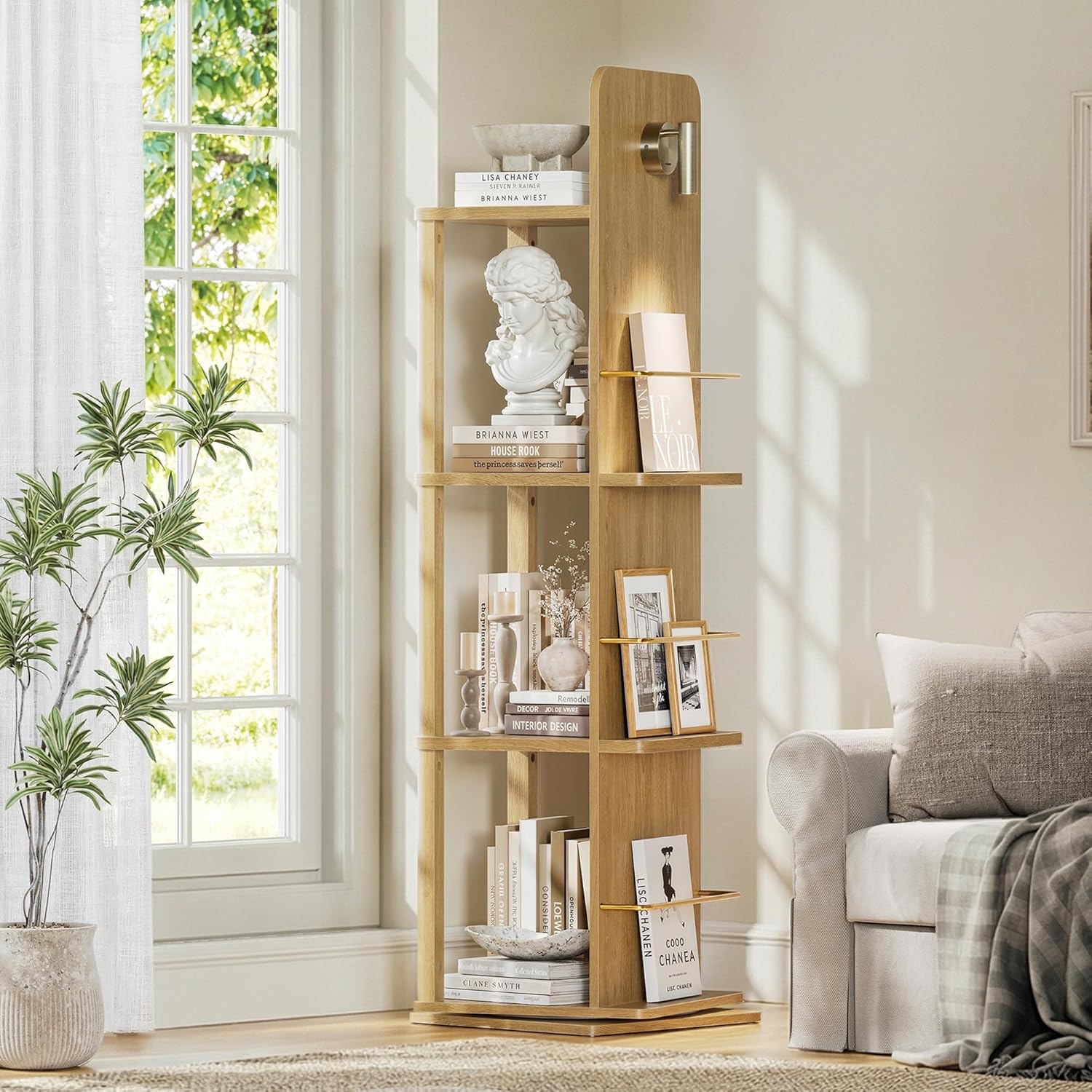 4 Tier Rotating Bookshelf with Light, 360° Spinning Book Shelf Tower with 15.4'' Tall Shelves, Square Revolving Bookcase Organizer, Rolling Bookshelves for Small Space, Corner, Kids Room, Natrual Oak