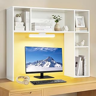 3 Tier Desktop Bookshelf with Rechargeable Eye-Friendly LED Desk Light, Desk Hutch Organizer with 5 Shelves, Wooden Desk Bookshelf for Office, Dorm and Small Space, White