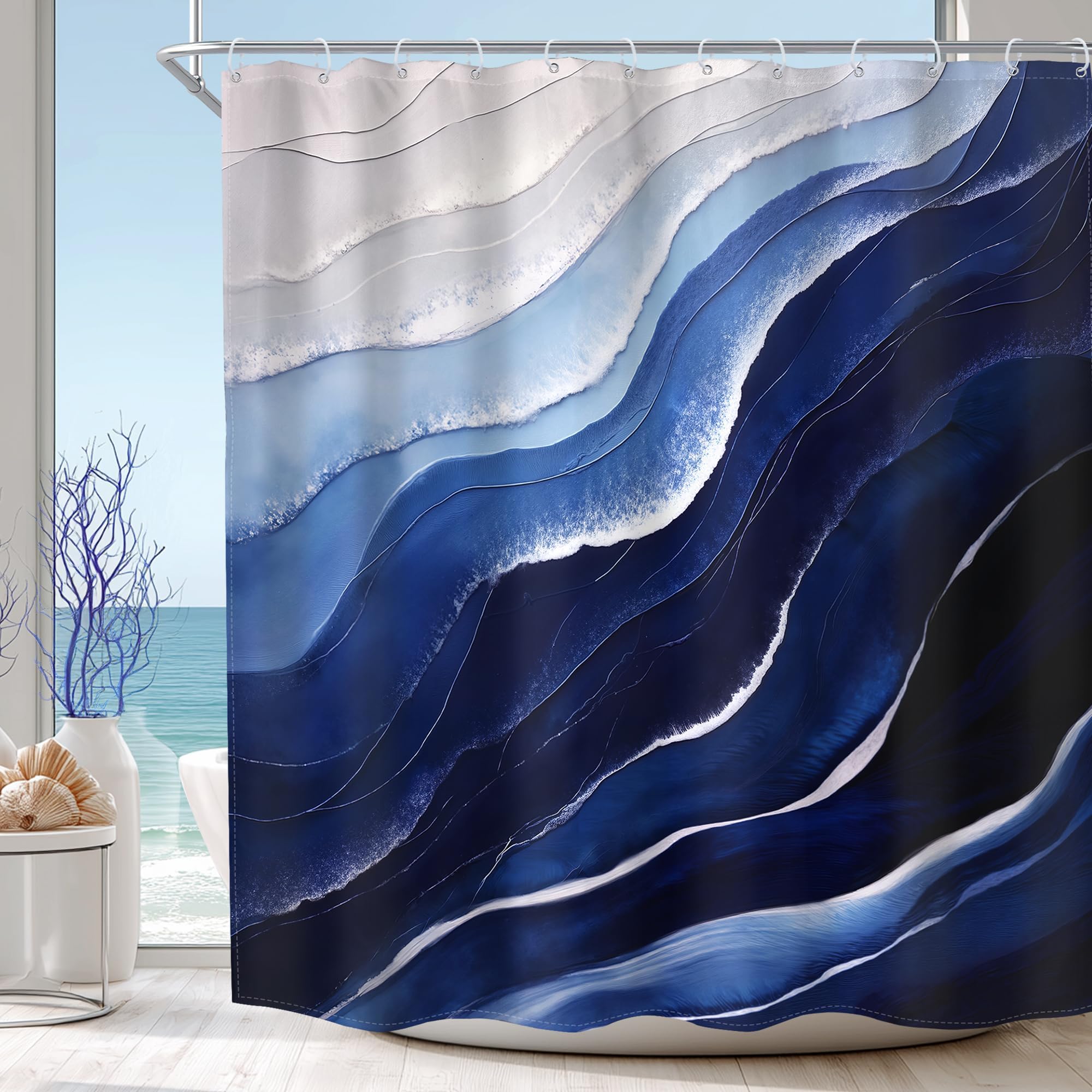 MESHELLY Blue Beach Ocean Shower Curtain 72" x 72" - Abstract Beachy Sea Wave Landscape, Chic Coastal Scenery, Summer Modern Simple Bathroom Decor, Oil Painting Navy Ombre Cool Style with 12 Hooks