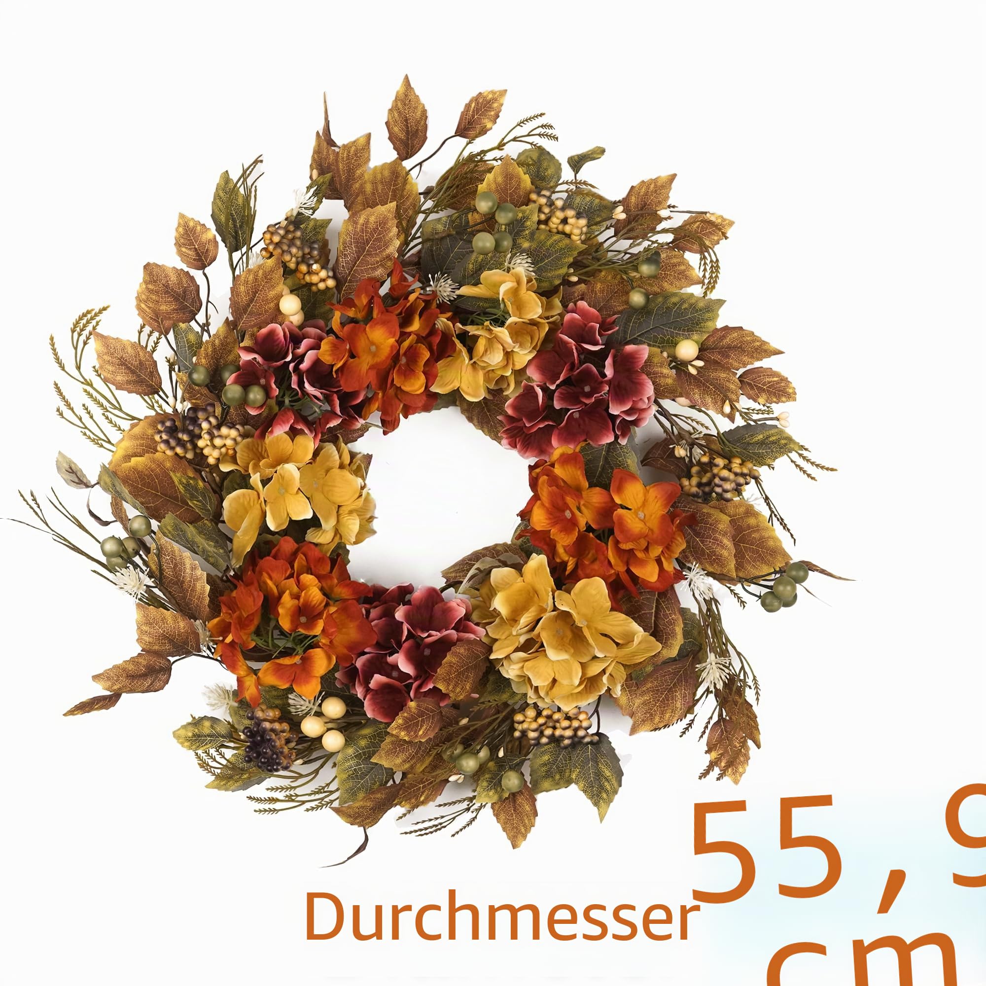 Herbstkränze für Haustür, 55,9 cm, Herbstkranz mit Hortensien, Beeren, Herbstblätter, Heimdekoration für Außenbereich, Wohnzimmer, Innenwand und Außen, Herbst