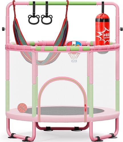 Miniatura 9 de Cama elástica de 55 pulgadas para niños con recinto, trampolín para niños pequeños de 6 en 1 para interiores y exteriores, tubo completo mejorado