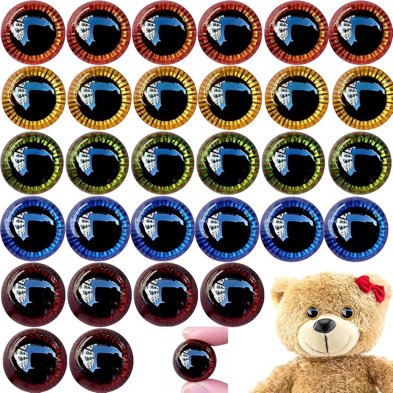Occhi di Sicurezza per Bambole 30 Pezzi 13mm in Plastica Glitter con Rondelle, Occhi Artigianali Tondi per Uncinetto, Peluche, Pupazzi Fai da Te, con Scatola Portaoggetti